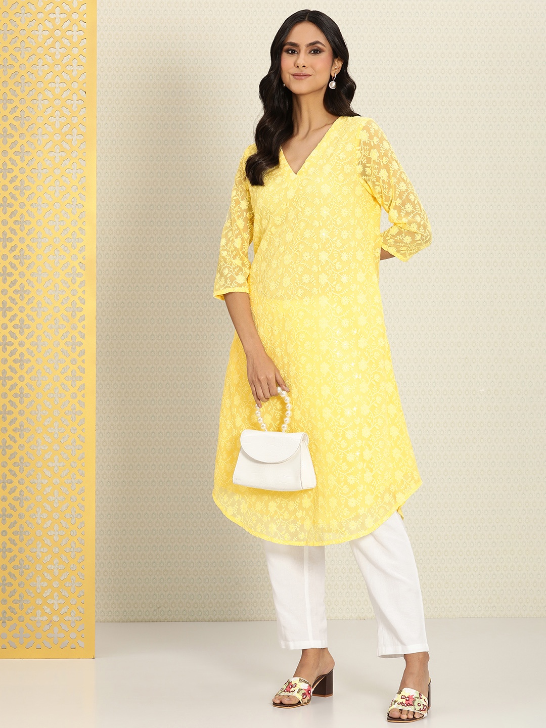 

House of Pataudi Embroidered Sequinned A-Line Rozana Kurta, Yellow