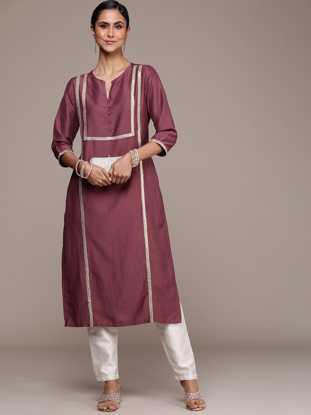 

House of Pataudi Three Quarter Sleeves Self Design Jashn Kurta, Purple