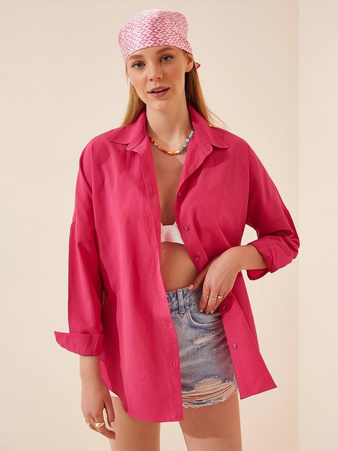

Happiness istanbul Spread Collar Long Sleeves Skinny Fit Casual Shirt, Pink