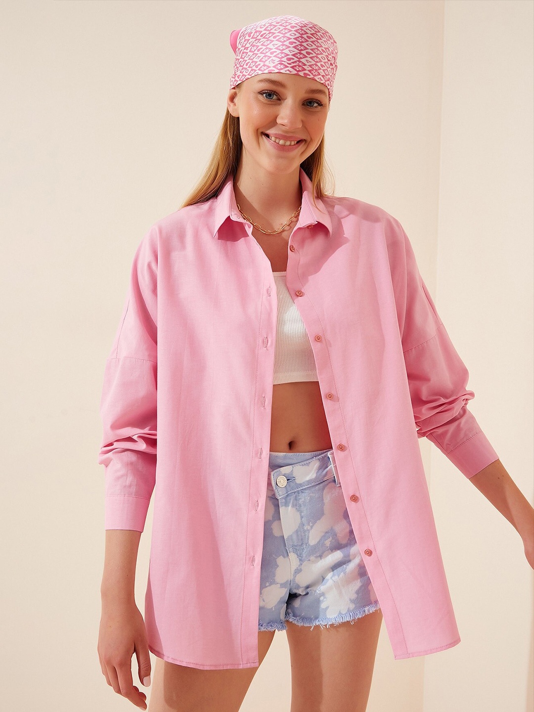 

Happiness istanbul Spread Collar Long Sleeves Skinny Fit Casual Shirt, Pink