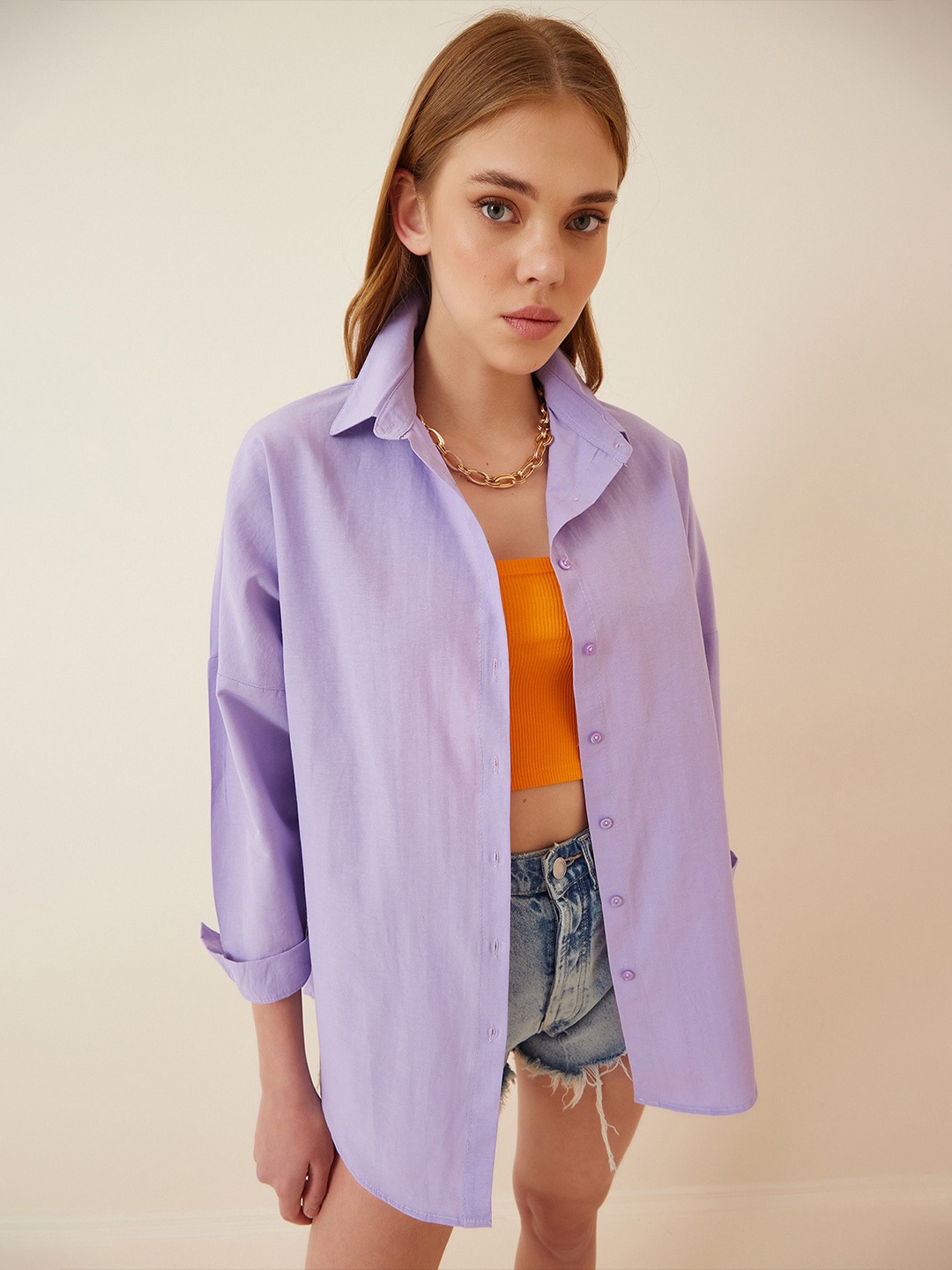 

Happiness istanbul Spread Collar Long Sleeves Skinny Fit Casual Shirt, Lavender