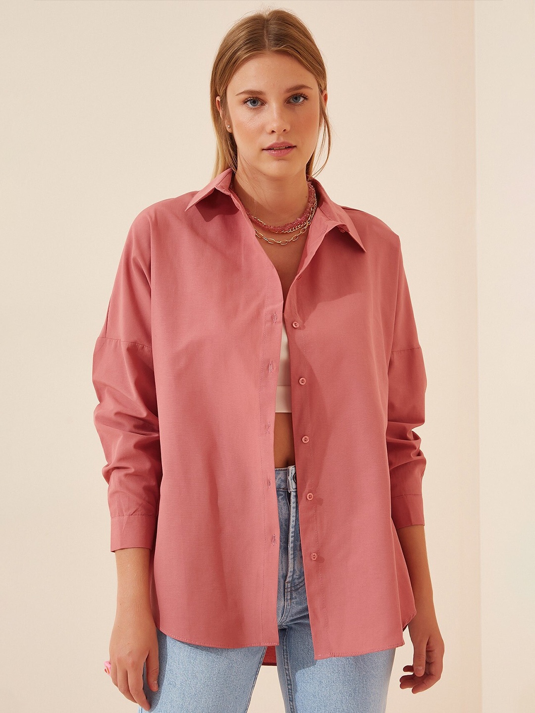 Happiness istanbul Spread Collar Long Sleeves Skinny Fit Casual Shirt, Pink