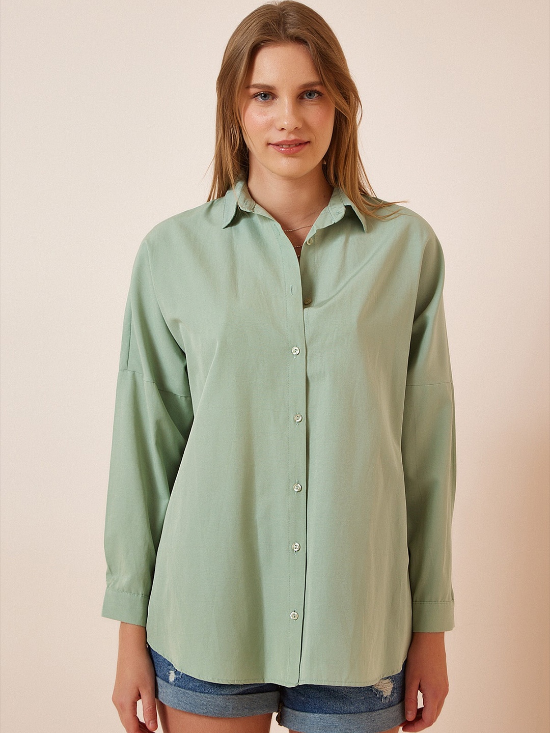 Happiness istanbul Spread Collar Long Sleeves Skinny Fit Casual Shirt, Green
