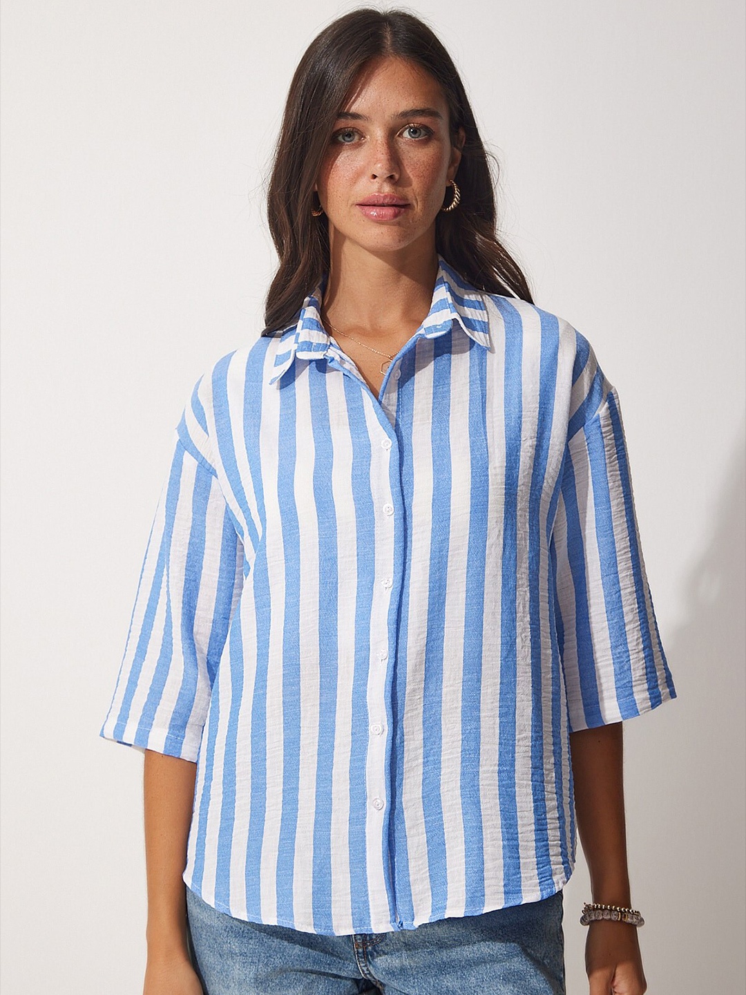 

Happiness istanbul Striped Spread Collar Skinny Fit Casual Shirt, White