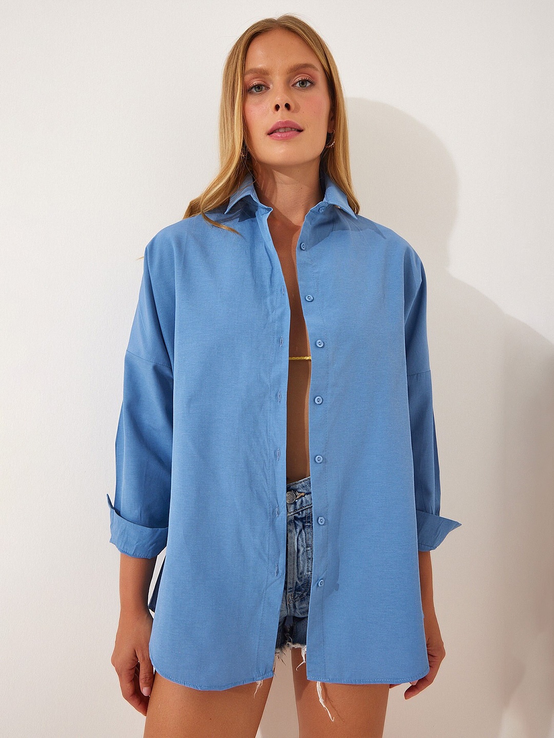 

Happiness istanbul Spread Collar Long Sleeves Skinny Fit Casual Shirt, Blue