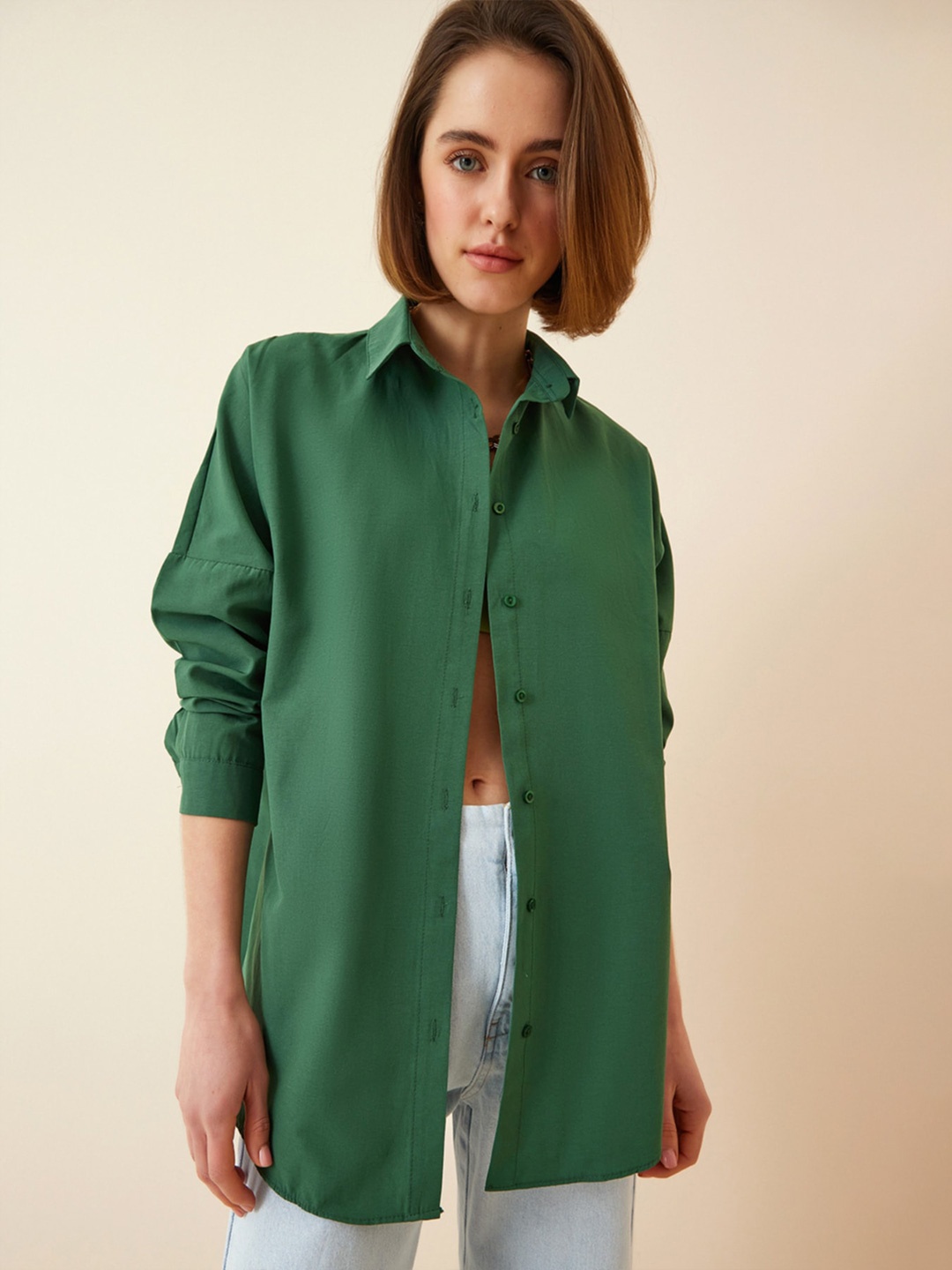 

Happiness istanbul Spread Collar Long Sleeves Skinny Fit Casual Shirt, Green