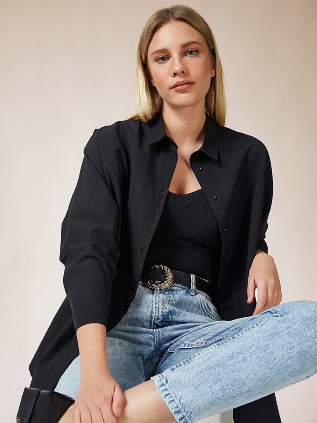 

Happiness istanbul Spread Collar Long Sleeves Skinny Fit Casual Shirt, Black