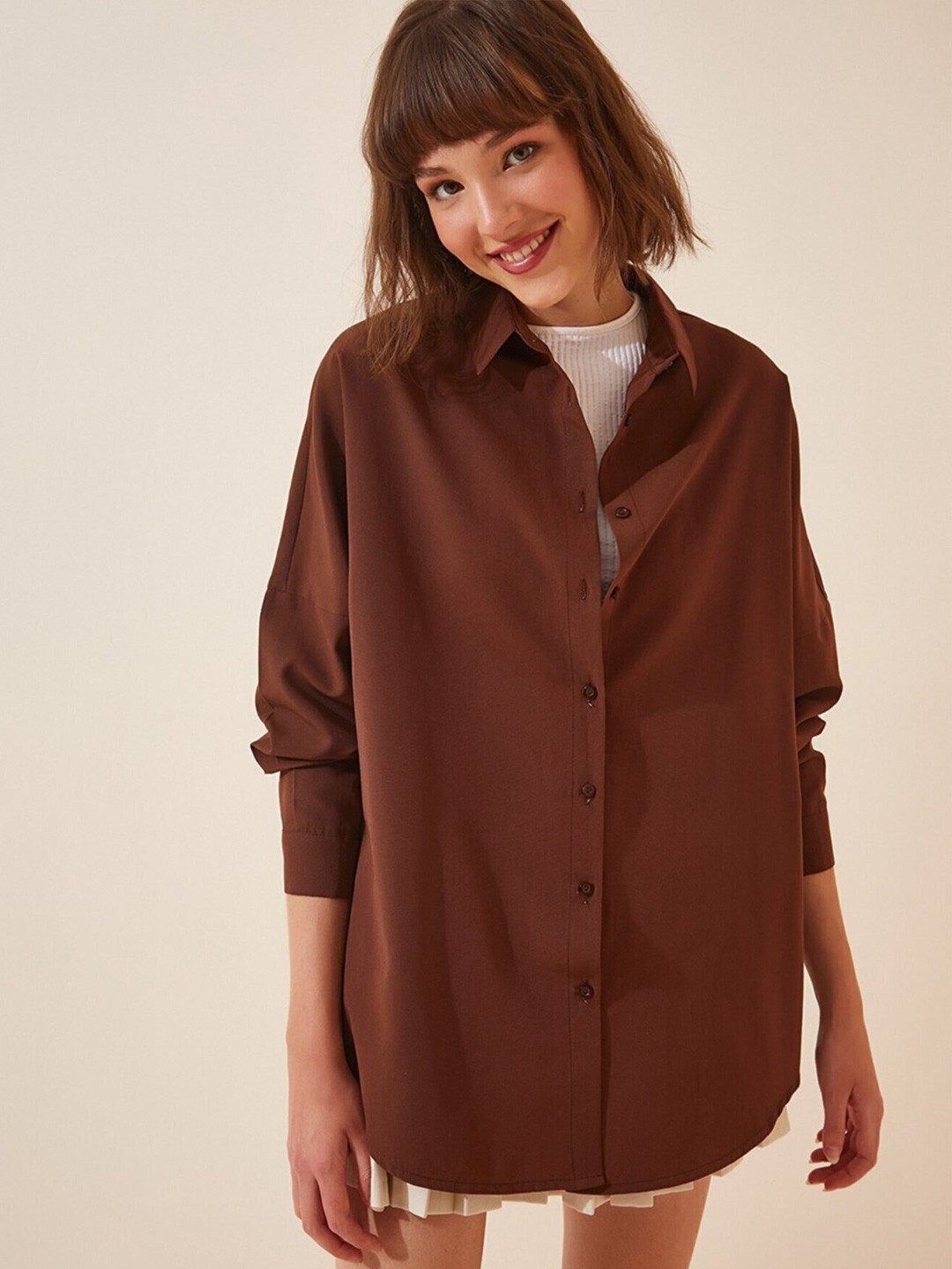 

Happiness istanbul Spread Collar Long Sleeves Skinny Fit Casual Shirt, Brown
