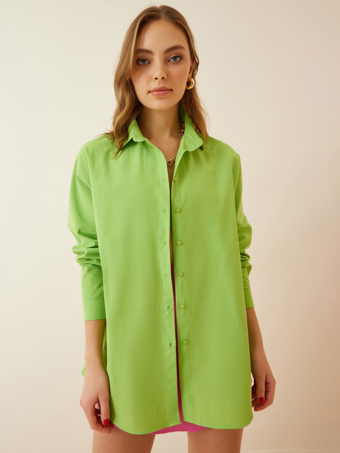 

Happiness istanbul Spread Collar Long Sleeves Skinny Fit Casual Shirt, Green