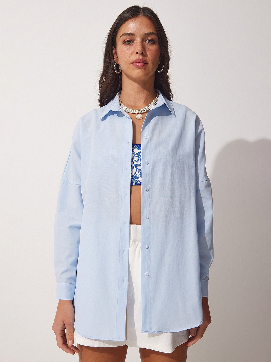 Happiness istanbul Skinny Fit Casual Cotton Shirt, Blue