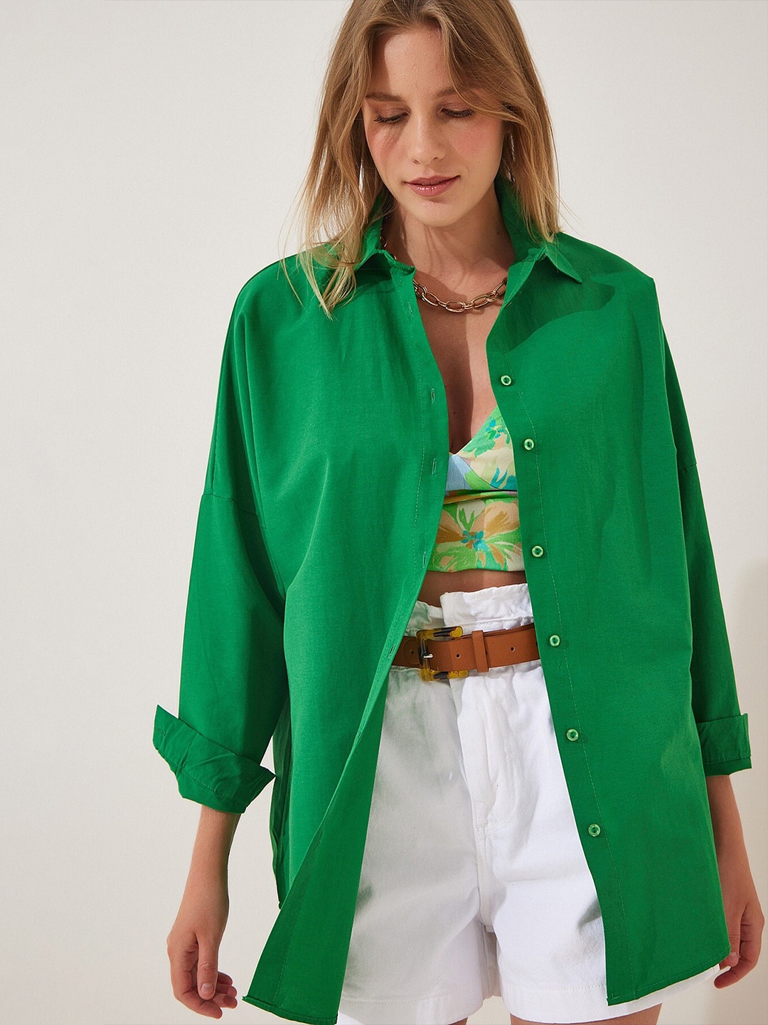 

Happiness istanbul Skinny Fit Casual Cotton Shirt, Green