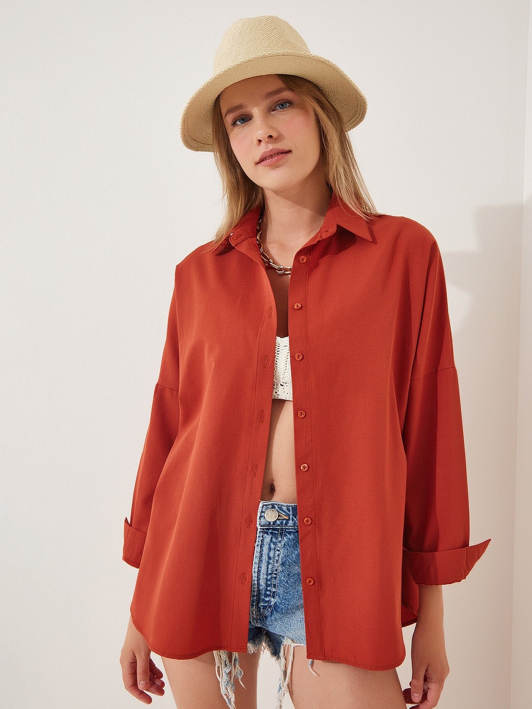 Happiness istanbul Skinny Fit Casual Cotton Shirt, Red