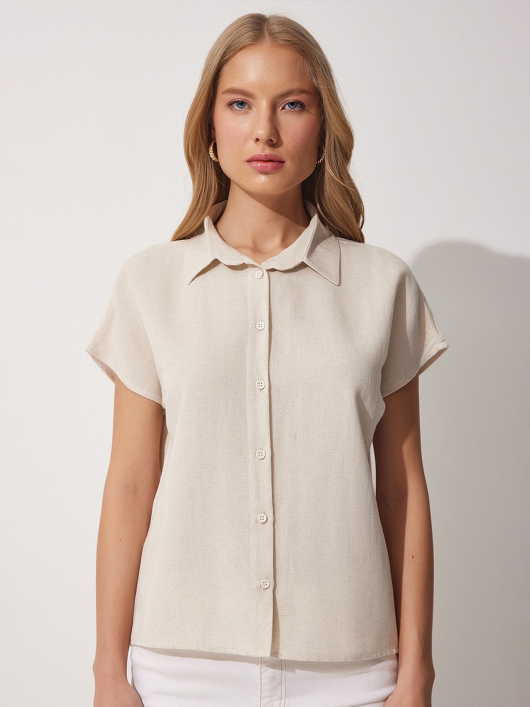 Happiness istanbul Skinny Fit Textured Casual Shirt, Beige