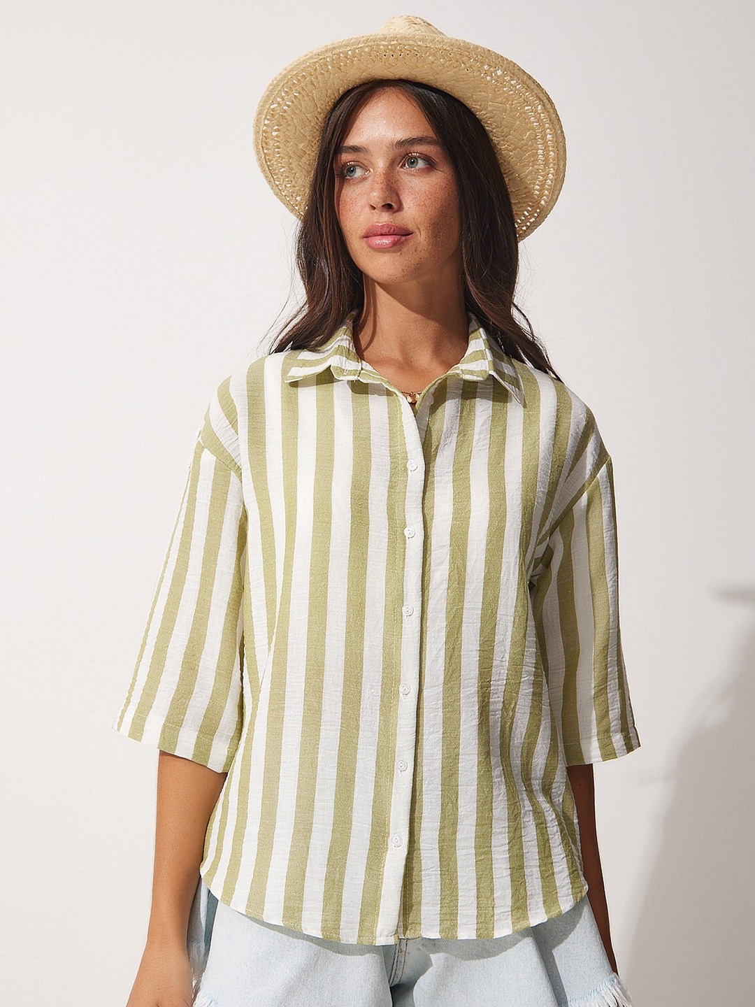 

Happiness istanbul Skinny Fit Vertical Striped Casual Shirt, Green