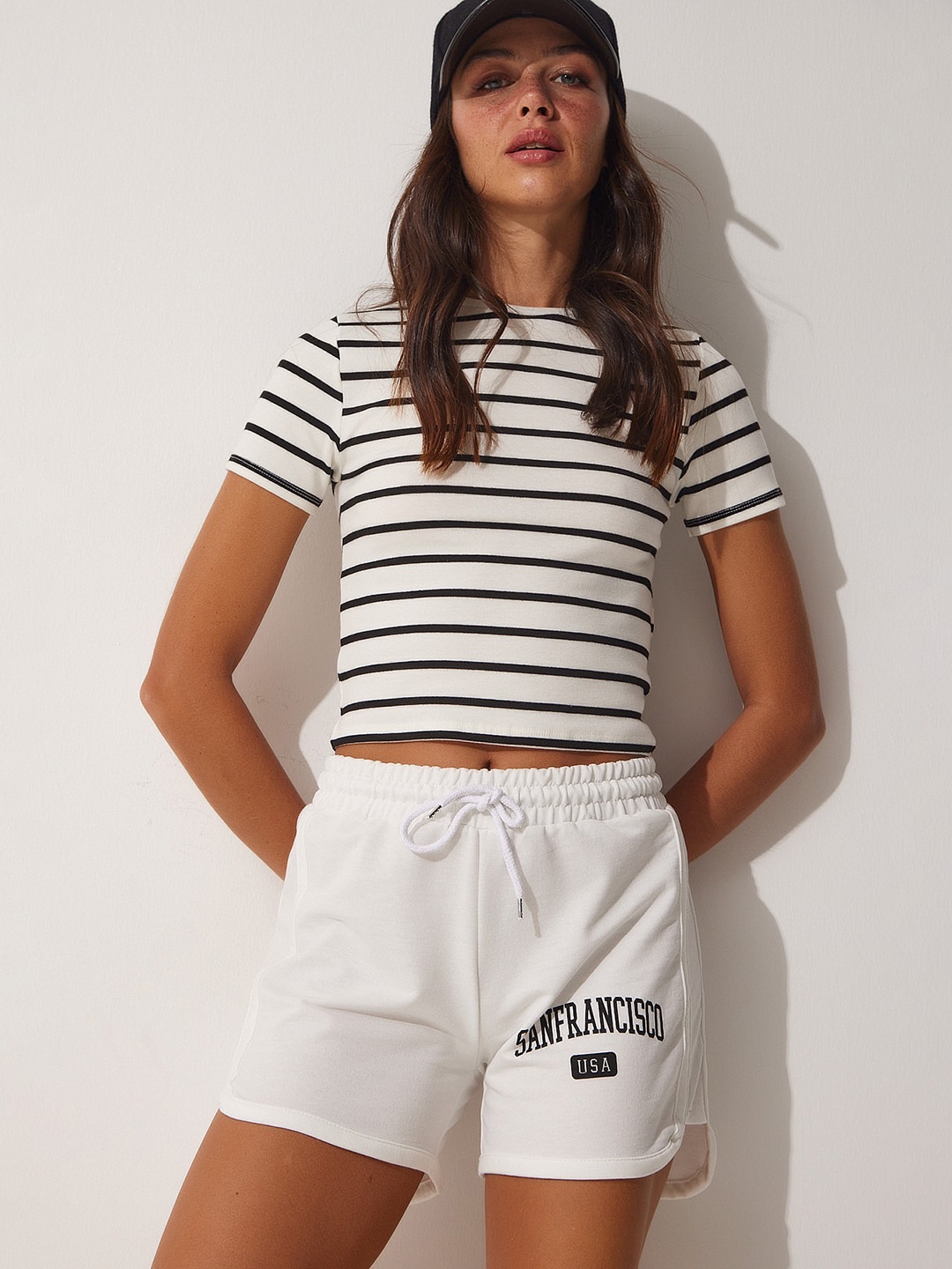 

Happiness istanbul Women Typography Printed Cotton Shorts, White