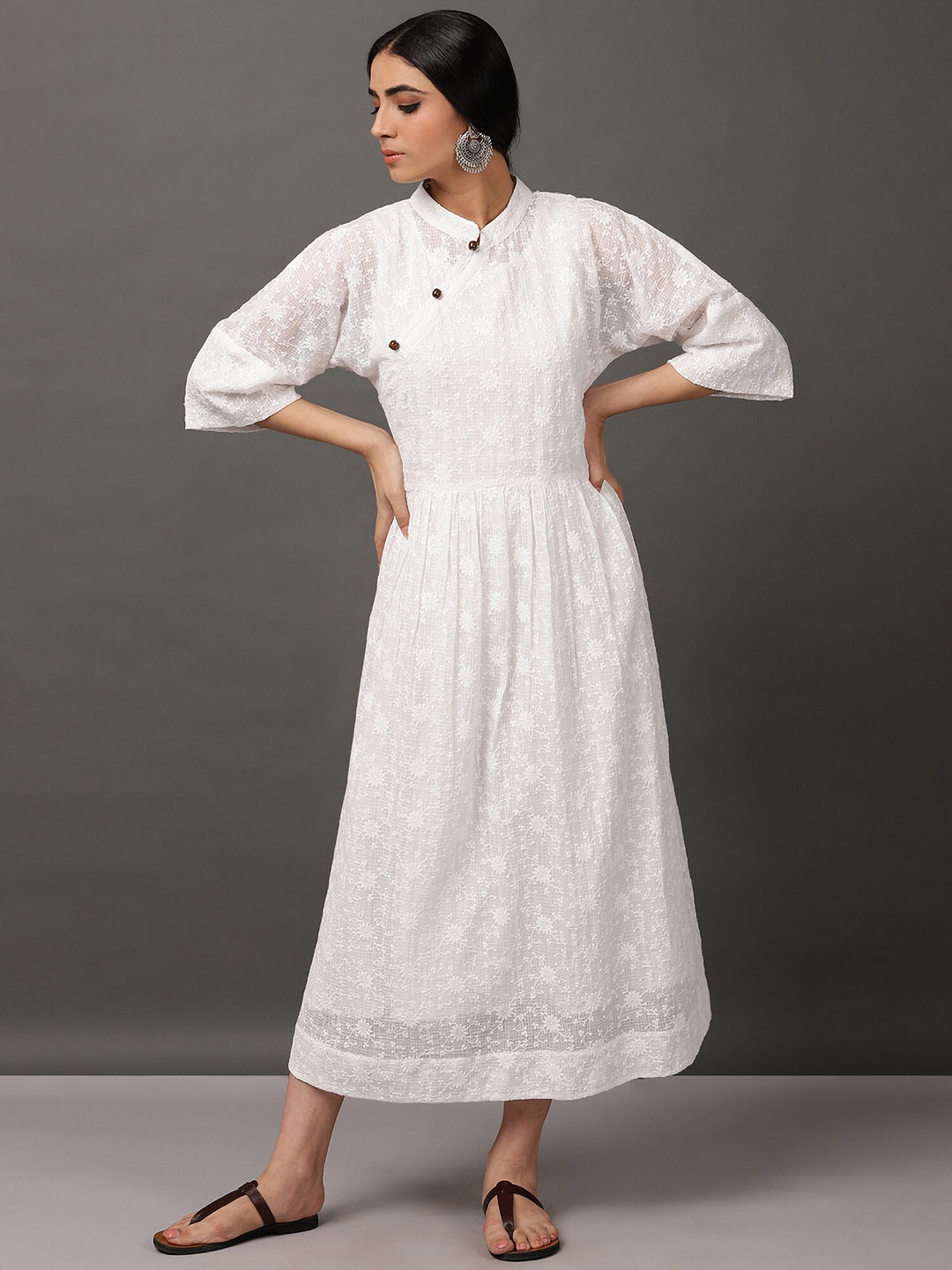 NUHH Floral Embroidered Pure Cotton Fit & Flare Midi Dress, White