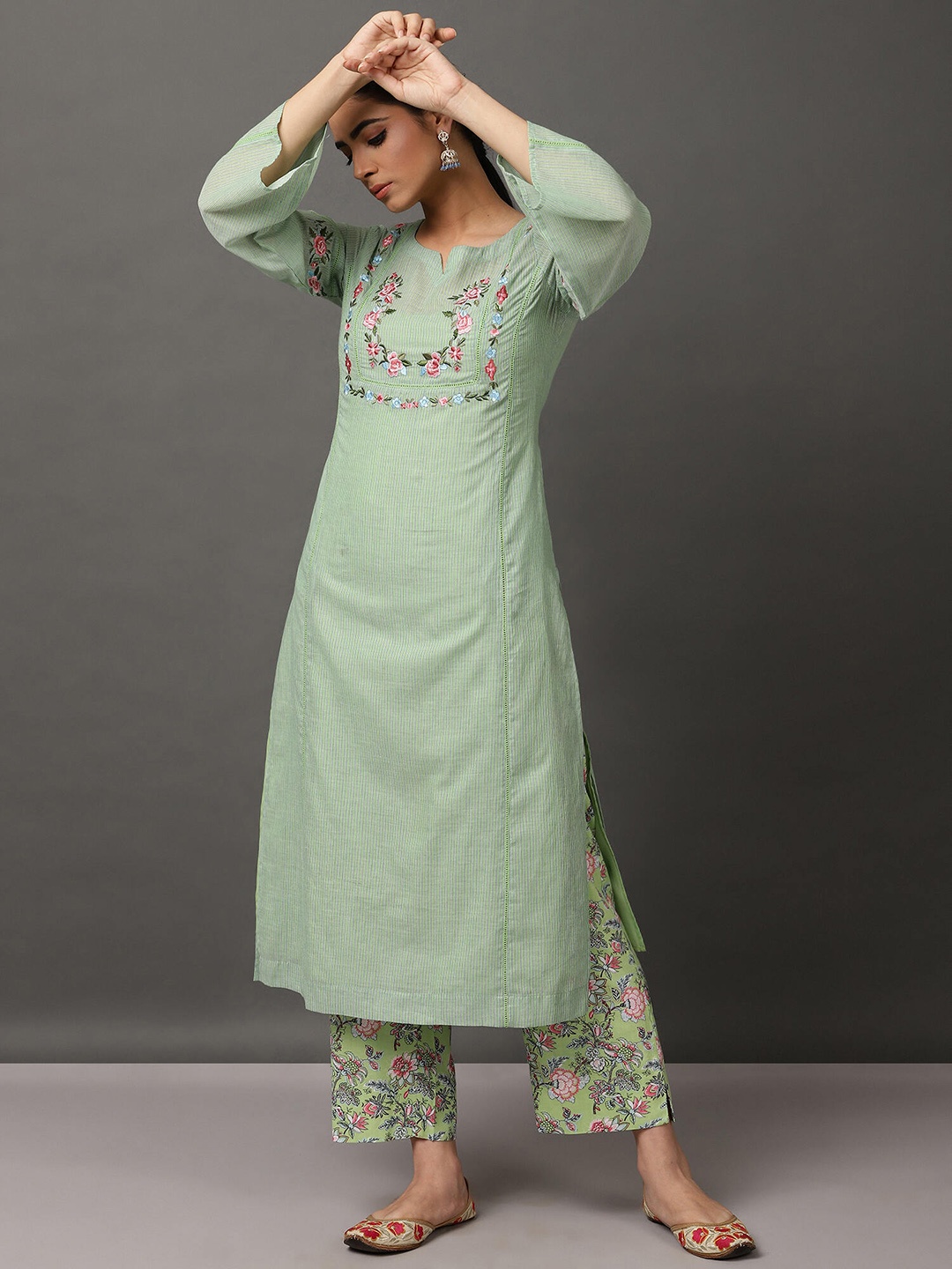 NUHH Floral Yoke Design Regular Thread Work Pure Cotton Kurta with Palazzos, Green