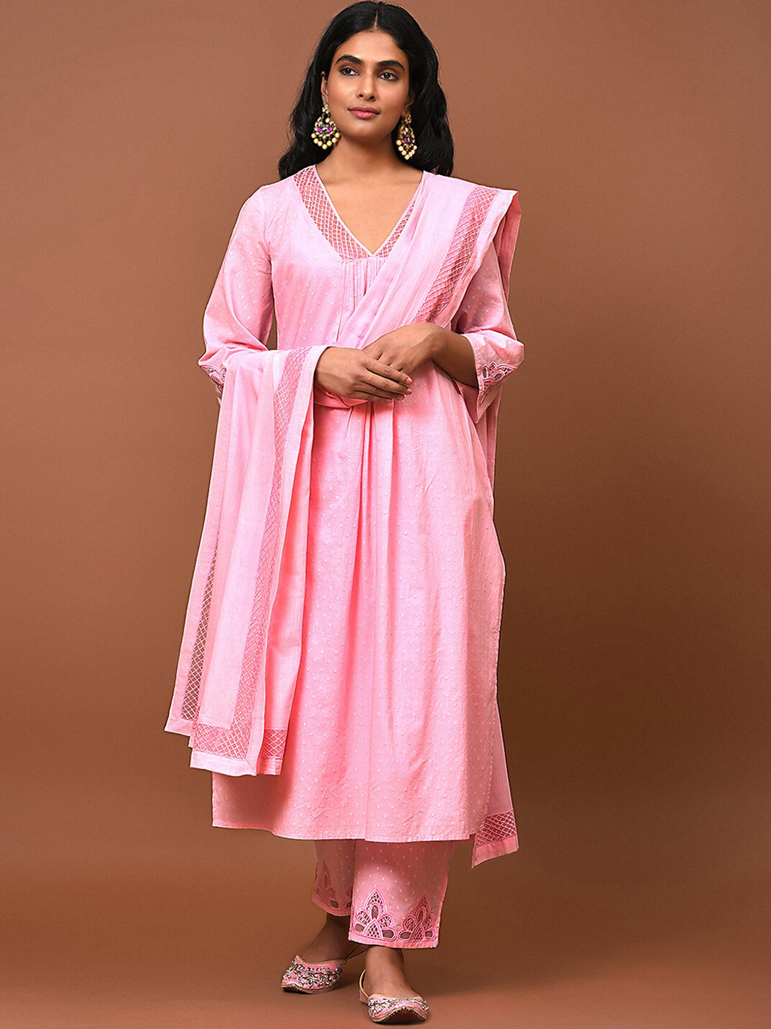 

NUHH Self Design Pure Cotton Kurta With Trousers & Dupatta, Pink