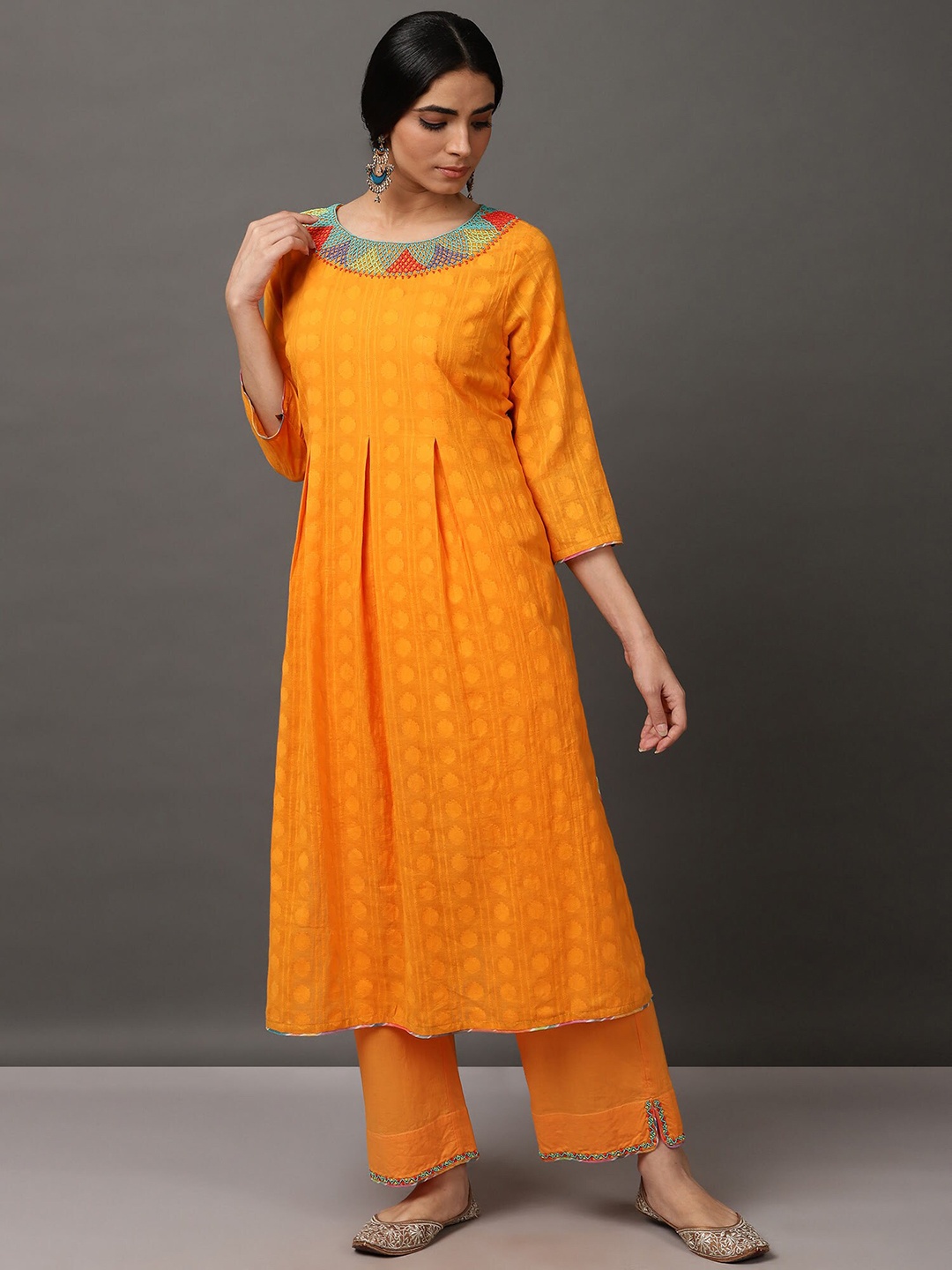 NUHH Ethnic Motifs Printed Regular Pure Cotton Kurta with Palazzos, Orange