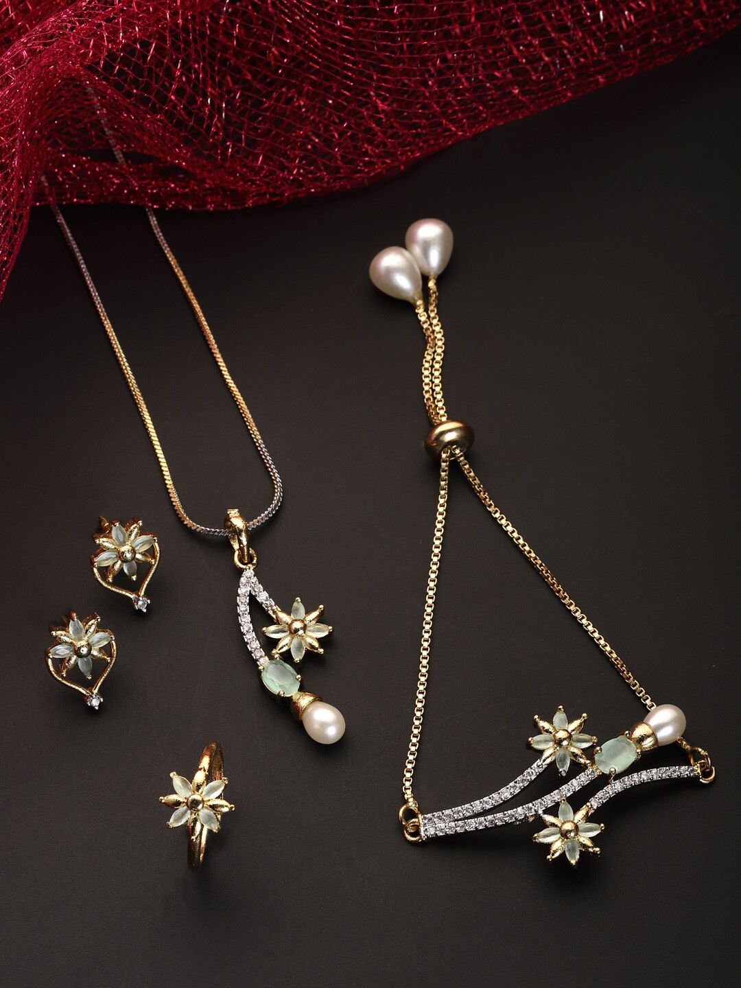

ZENEME Gold-Plated AD-Studded Jewellery Set With Bracelet & Ring