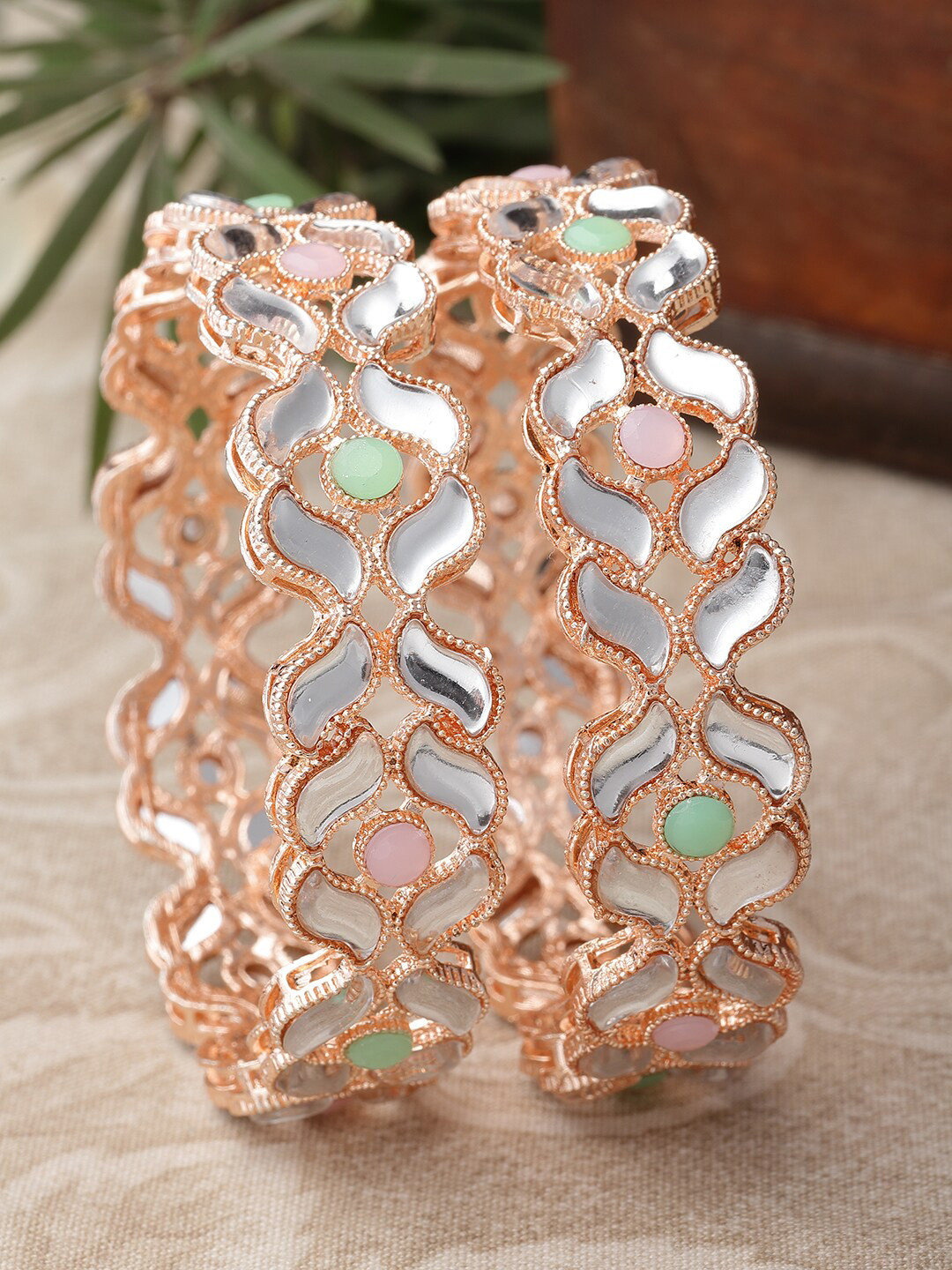 

ZENEME Set Of 2 Rose Gold-Plated & Stone-Studded Bangles