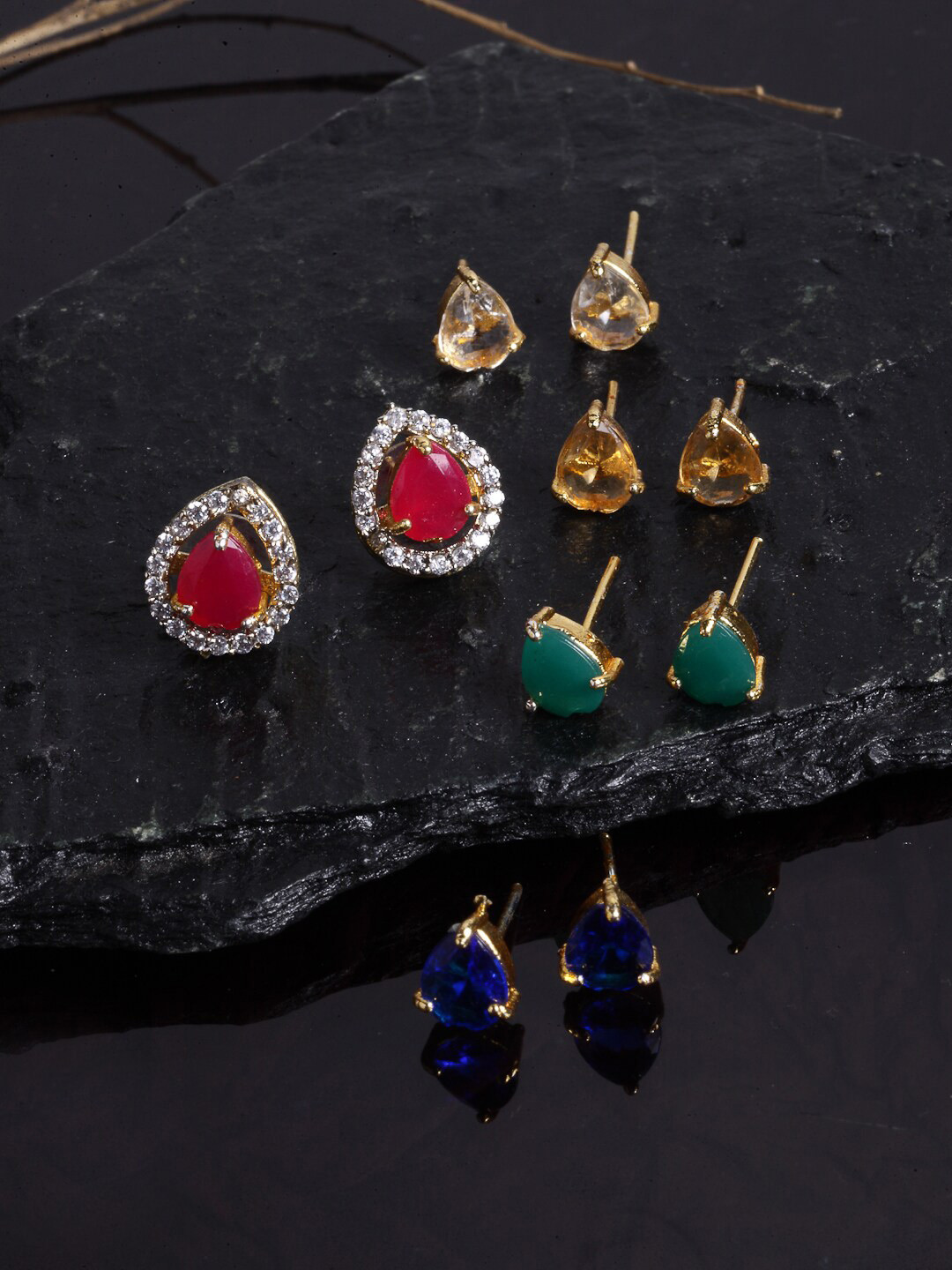 

ZENEME Set Of 5 Gold-Plated Teardrop Shaped American Diamond Studs Earrings