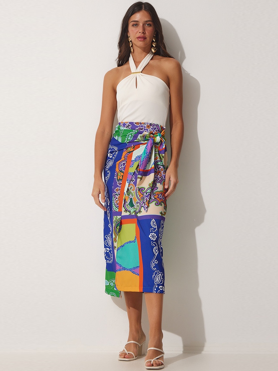 

Happiness istanbul Printed Wrap Midi Skirt, Blue
