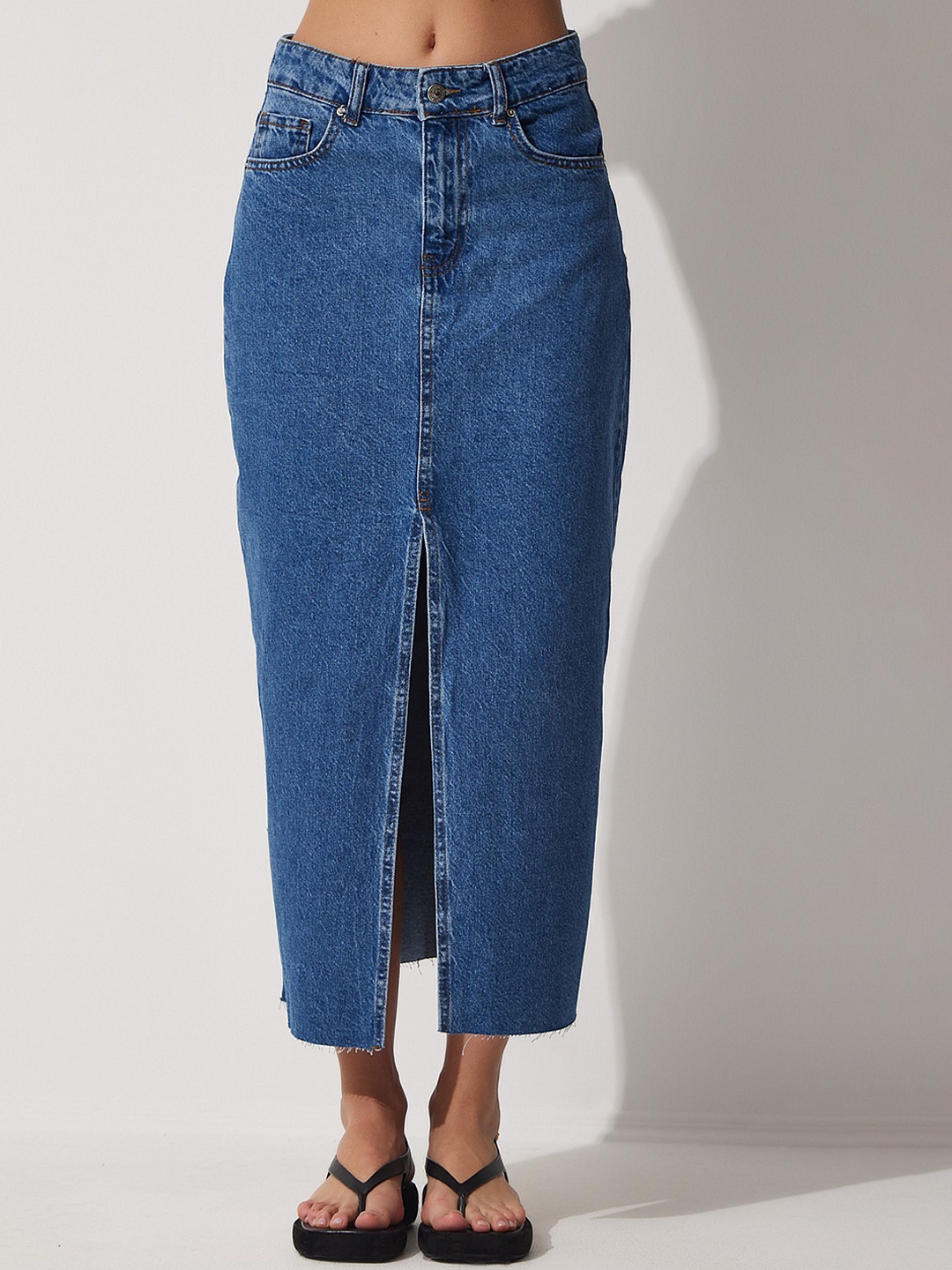 

Happiness istanbul Pure Cotton Front-Slit Midi-Length Skirts, Blue
