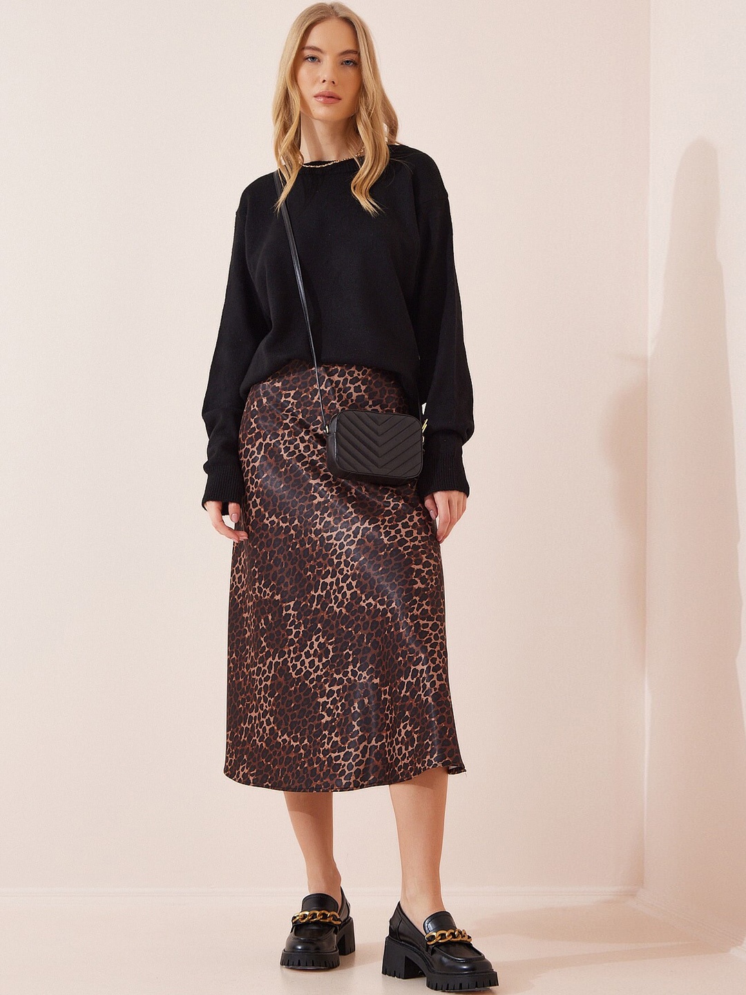 Happiness istanbul Animal Printed A-Line Midi Skirt, Brown