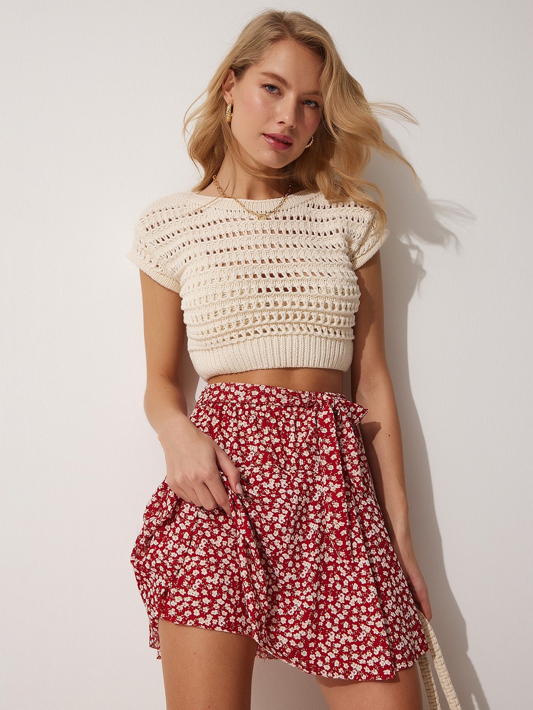 

Happiness istanbul Floral Printed Pure Cotton Flared Mini Skirt, Red