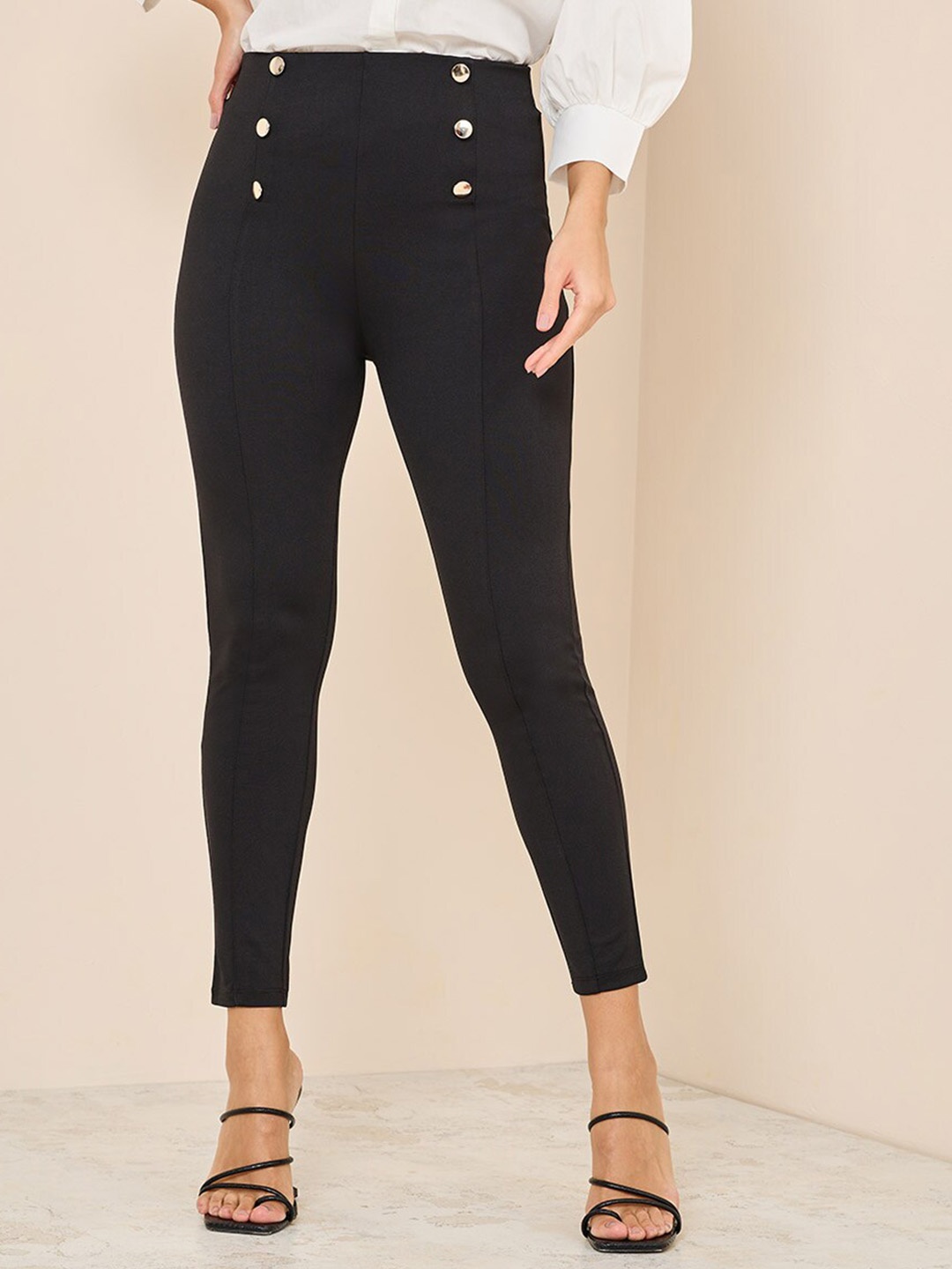

Styli Women 4 Way Stretch Front Button Detail Skinny Treggings, Black