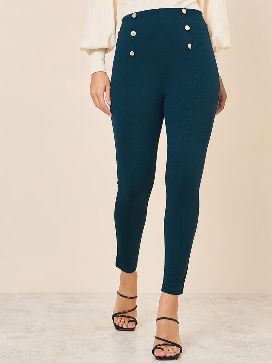 

Styli Women 4 Way Stretch Front Button Detail Skinny Treggings, Teal