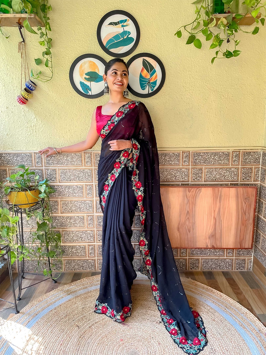

Mitera Black & Pink Embroidered Sequinned Saree
