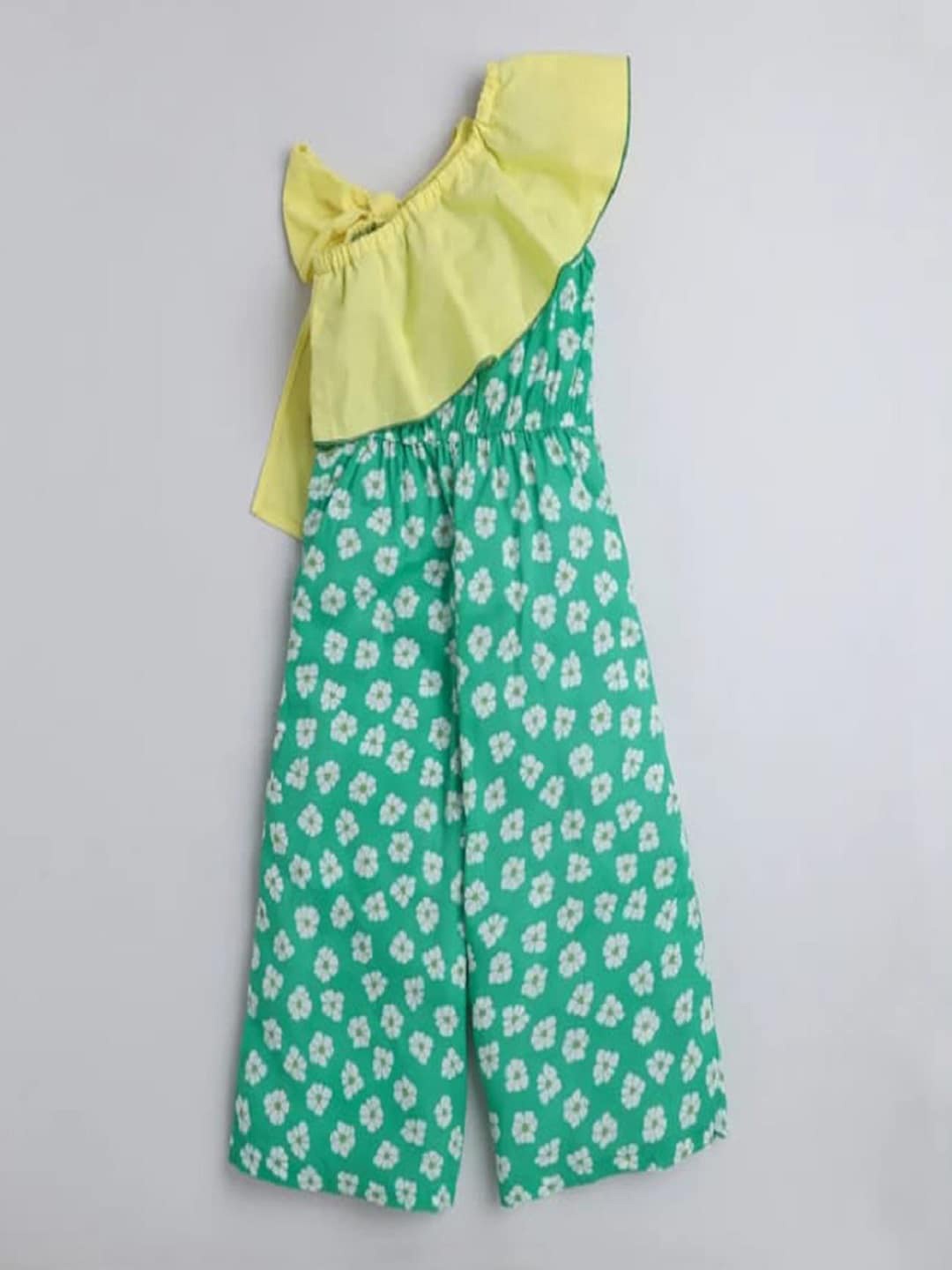 

M'andy Girls Floral Printed One Shoulder Cotton Basic Jumpsuit, Green