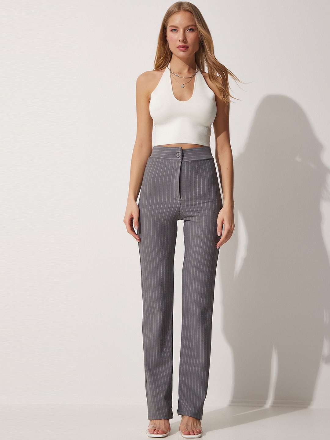 

Happiness istanbul Women Striped Regular Fit High-Rise Regular Trousers, Grey
