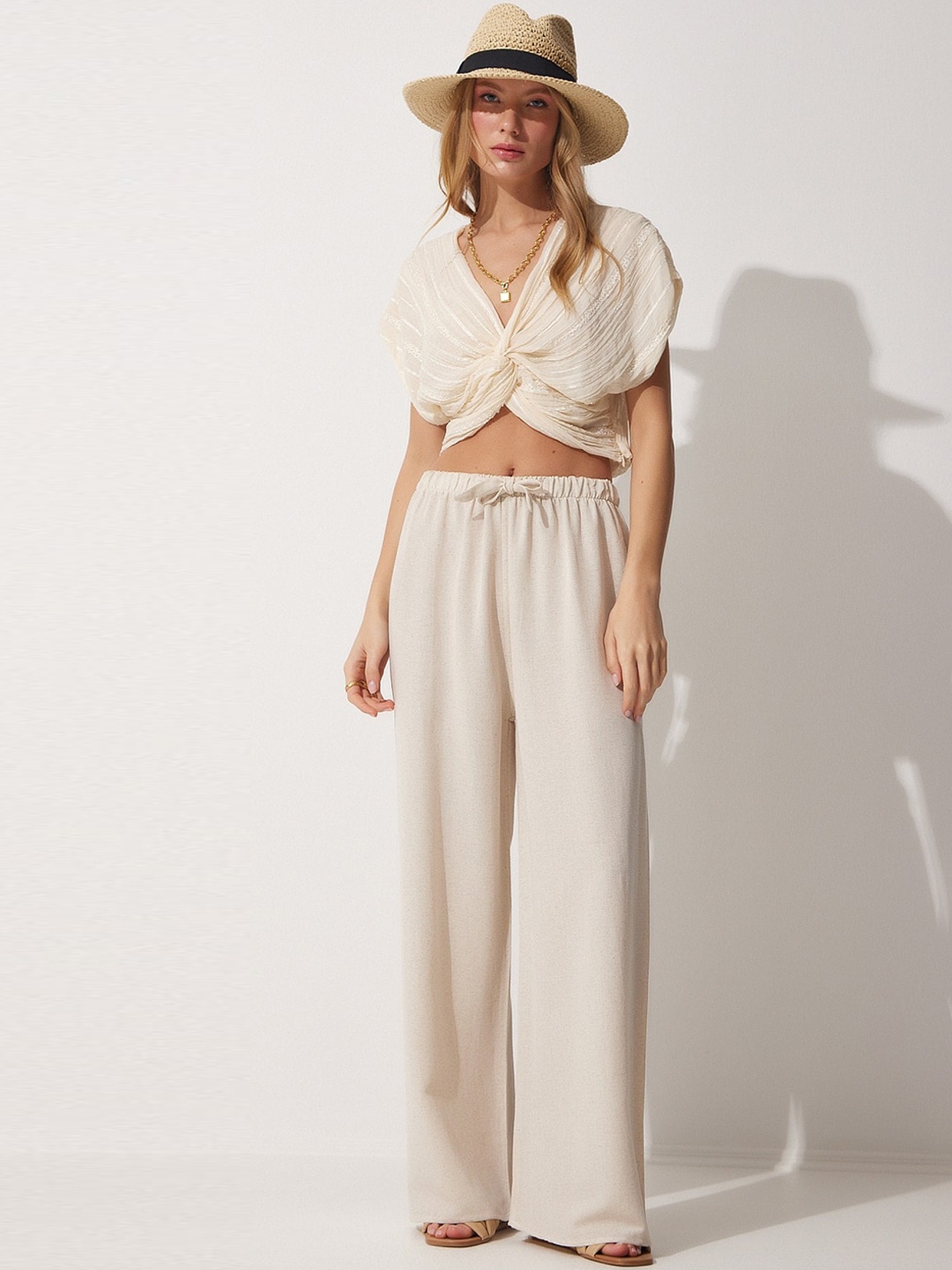 

Happiness istanbul Women Regular Fit Mid-Rise Linen Parallel Trousers, Cream