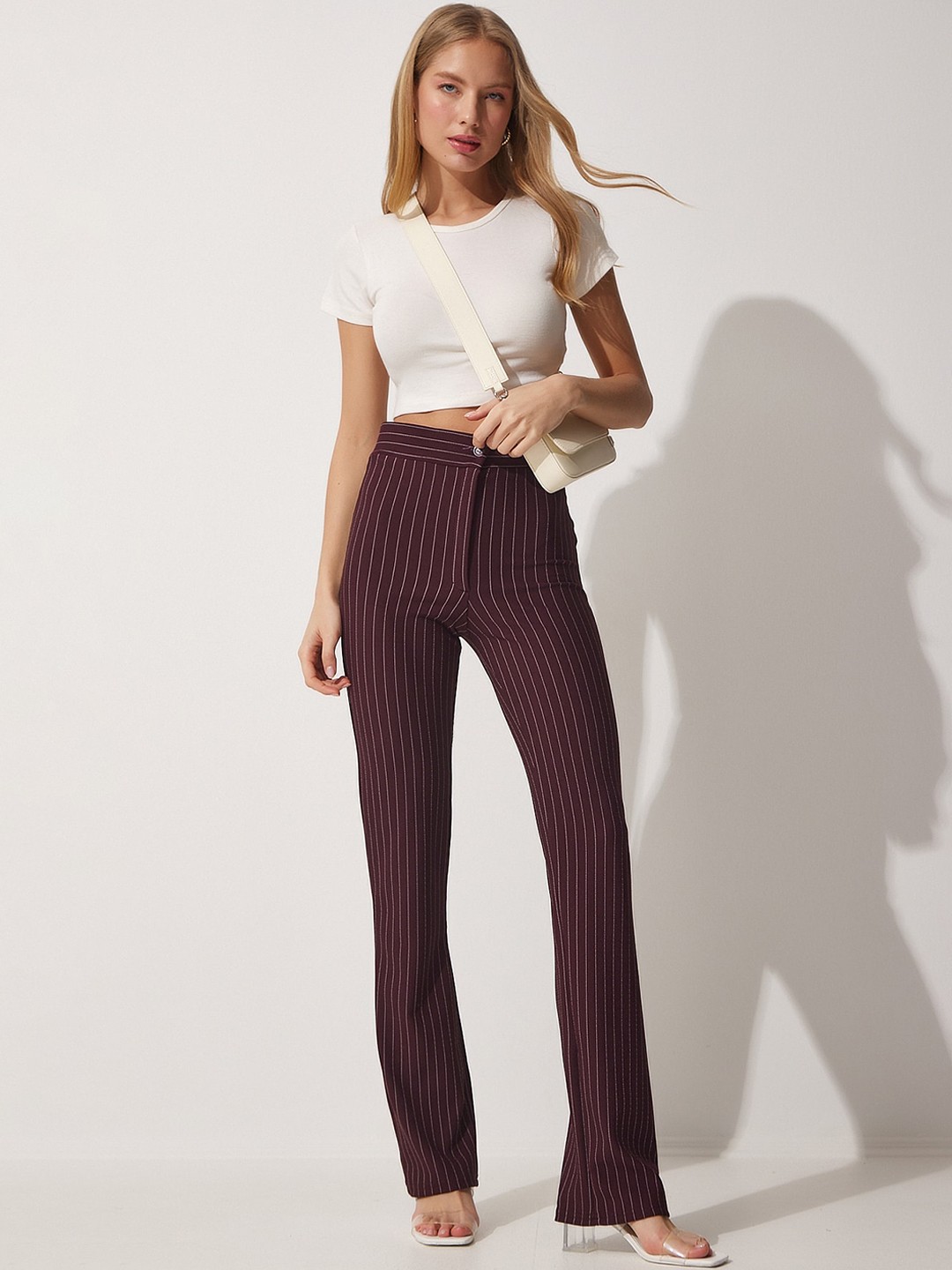 

Happiness istanbul Women Striped Slim Fit Plain Regular Trousers, Brown