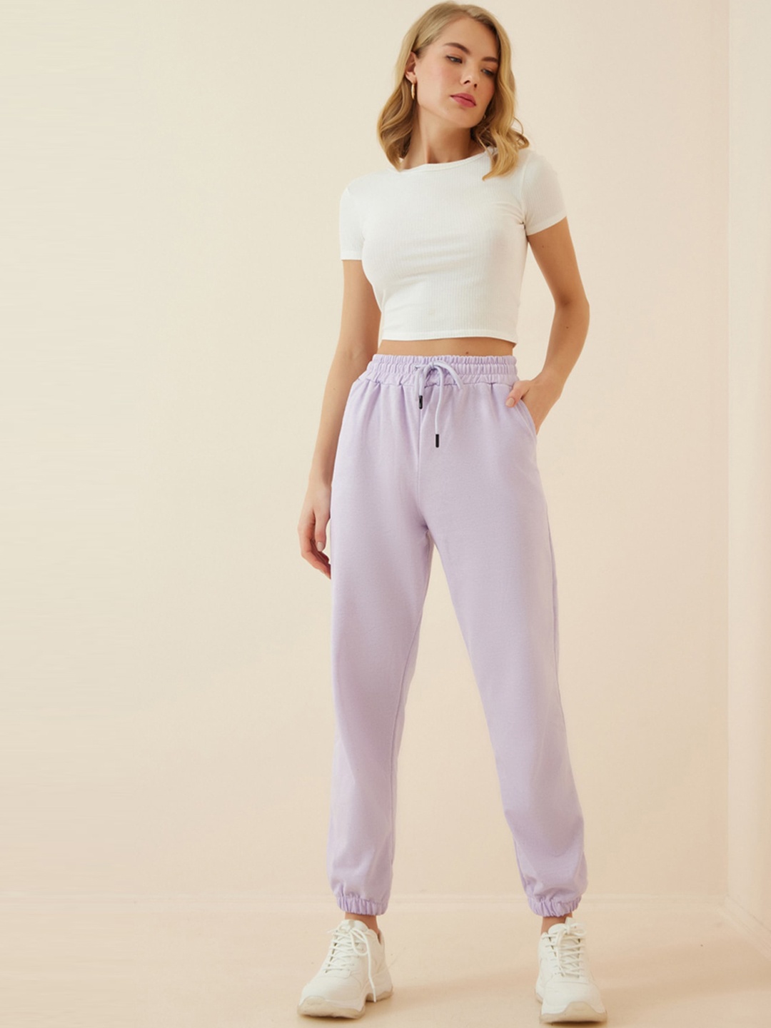 

Happiness istanbul Women Regular Fit Plain Cotton Joggers, Lavender