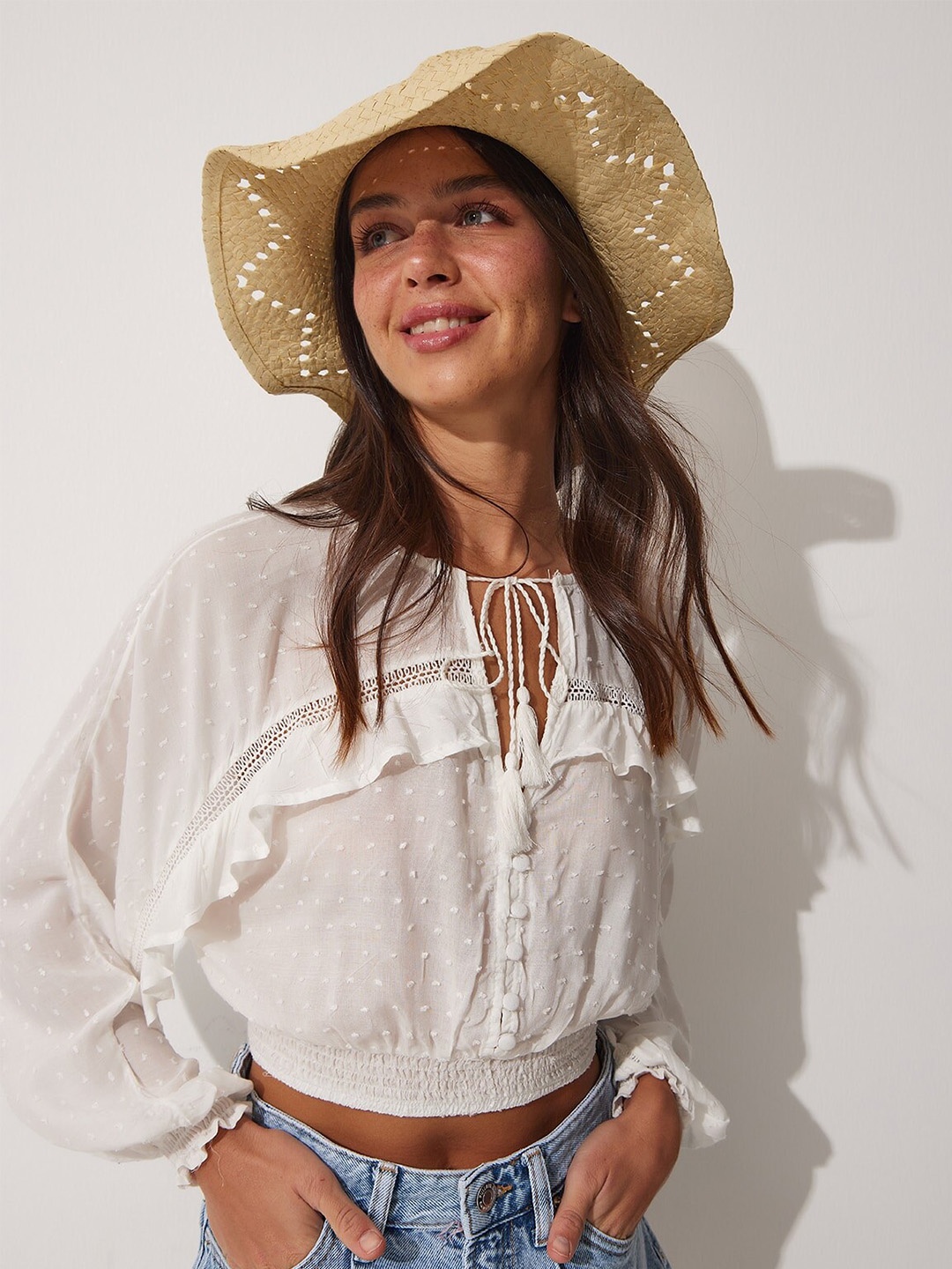 

Happiness istanbul Tie-Up Neck Cotton Blouson Top, White