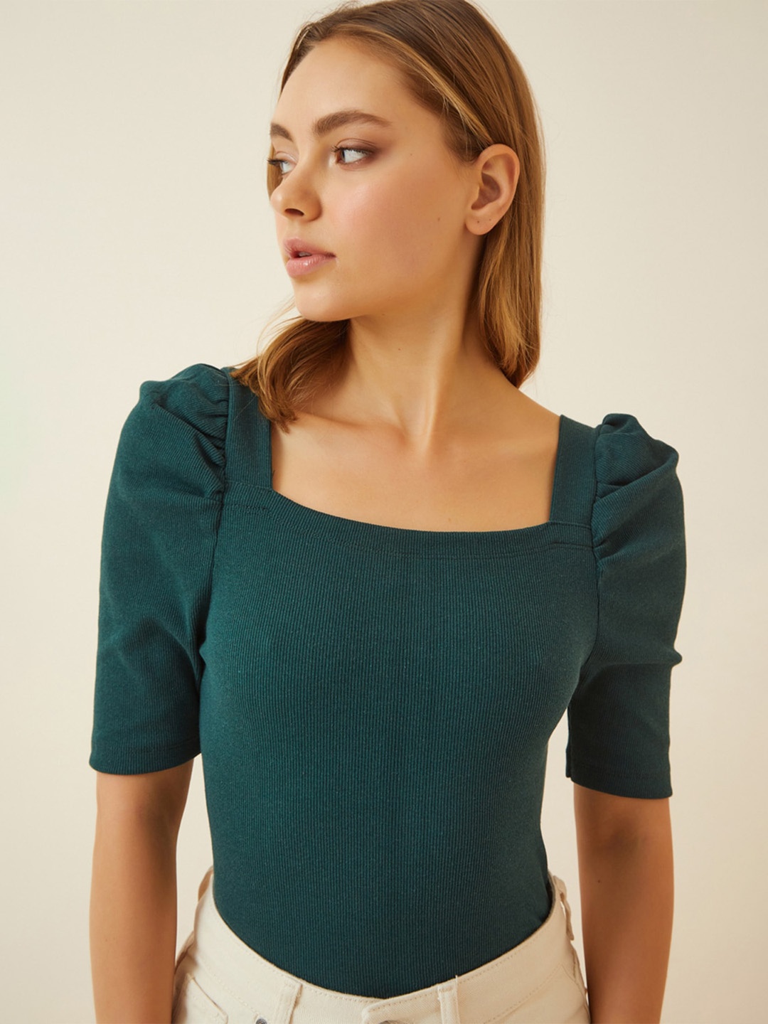 

Happiness istanbul Ribbed Square Neck Puff Sleeves Top, Green