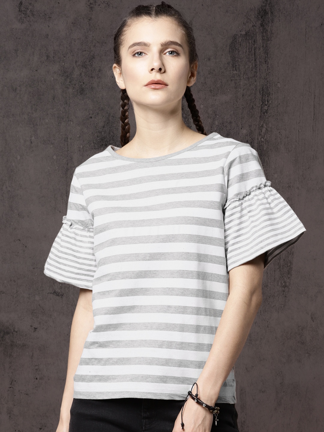 

Roadster Women Grey & White Striped Round Neck T-shirt