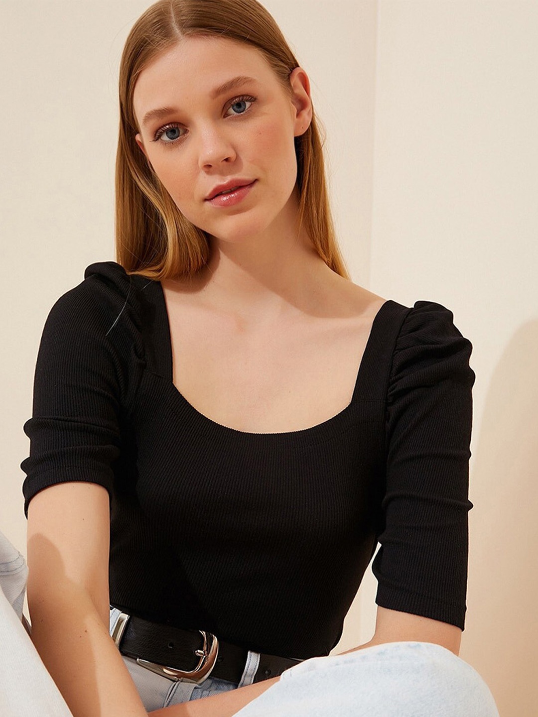 

Happiness istanbul Square Neck Puff Sleeve Fitted Cotton Regular Top, Black