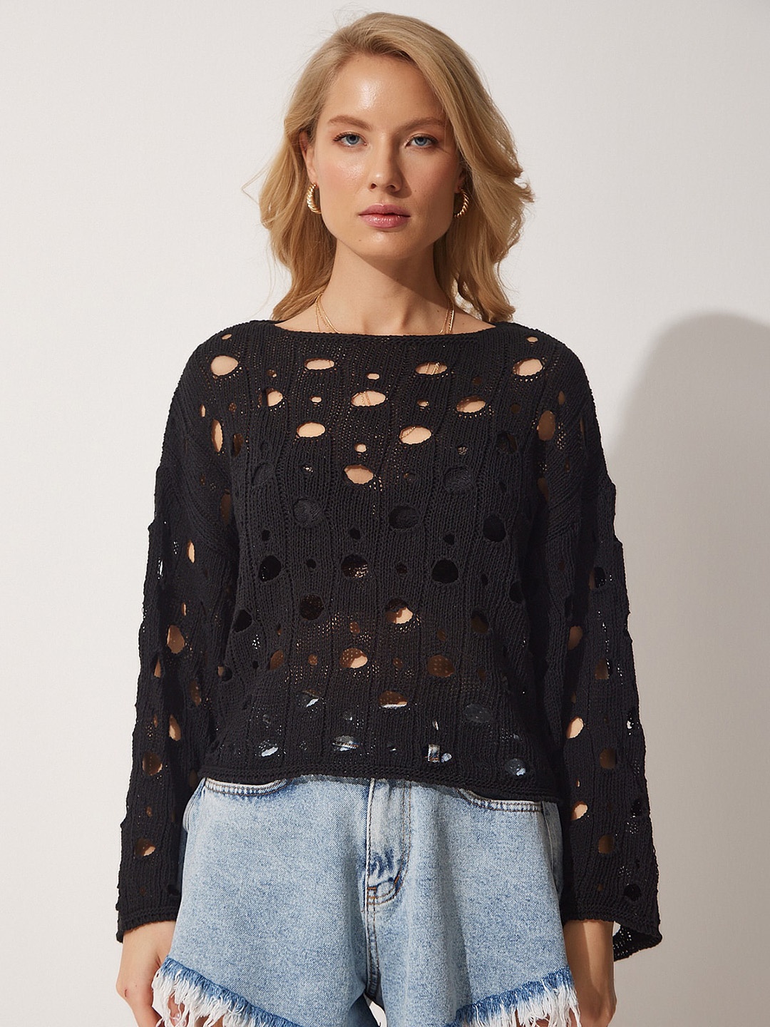 

Happiness istanbul Self Design Long Sleeves Top, Black