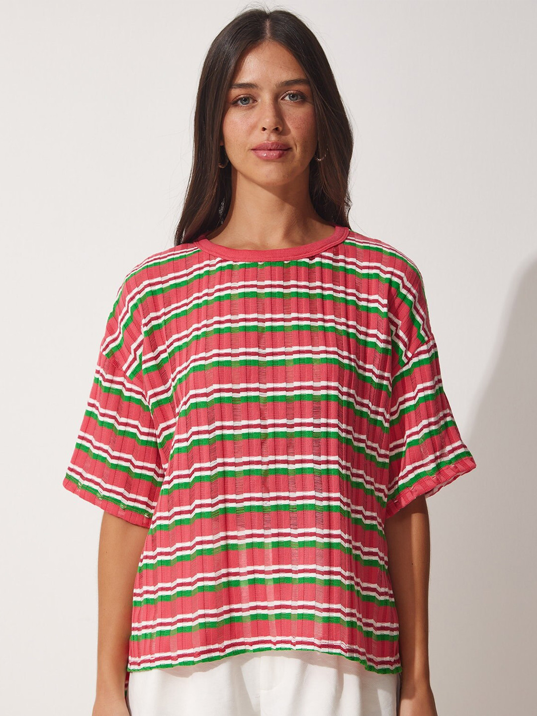 

Happiness istanbul Striped Dro-Shoulder Sleeves Cotton Top, Peach