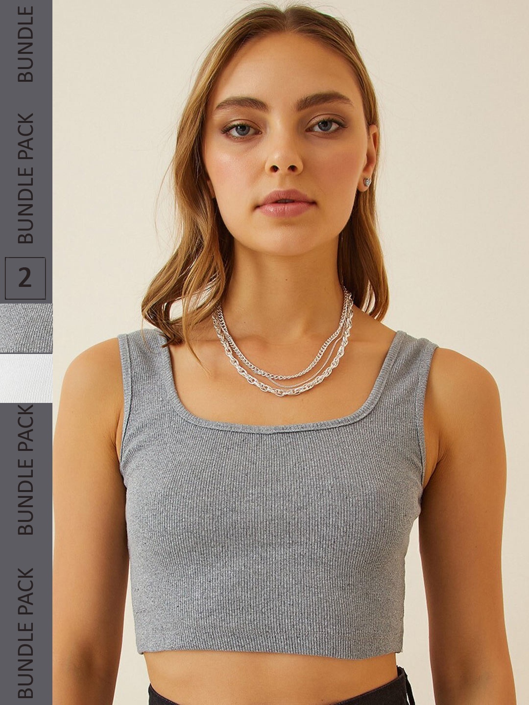 

Happiness istanbul Pack Of 2 Cotton Crop Tank Tops, Grey