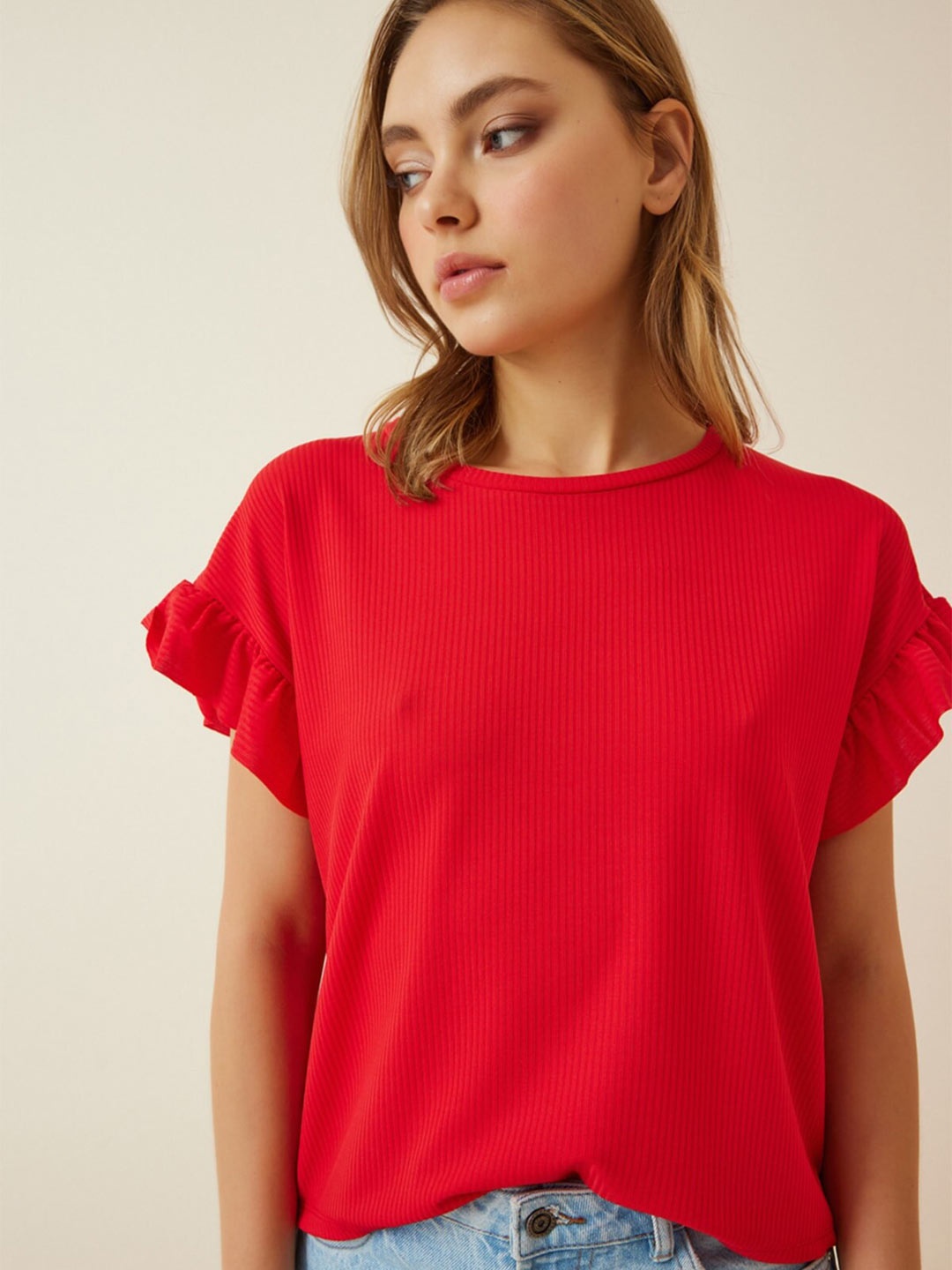 Happiness istanbul Round Neck Extended Sleeves Top, Red