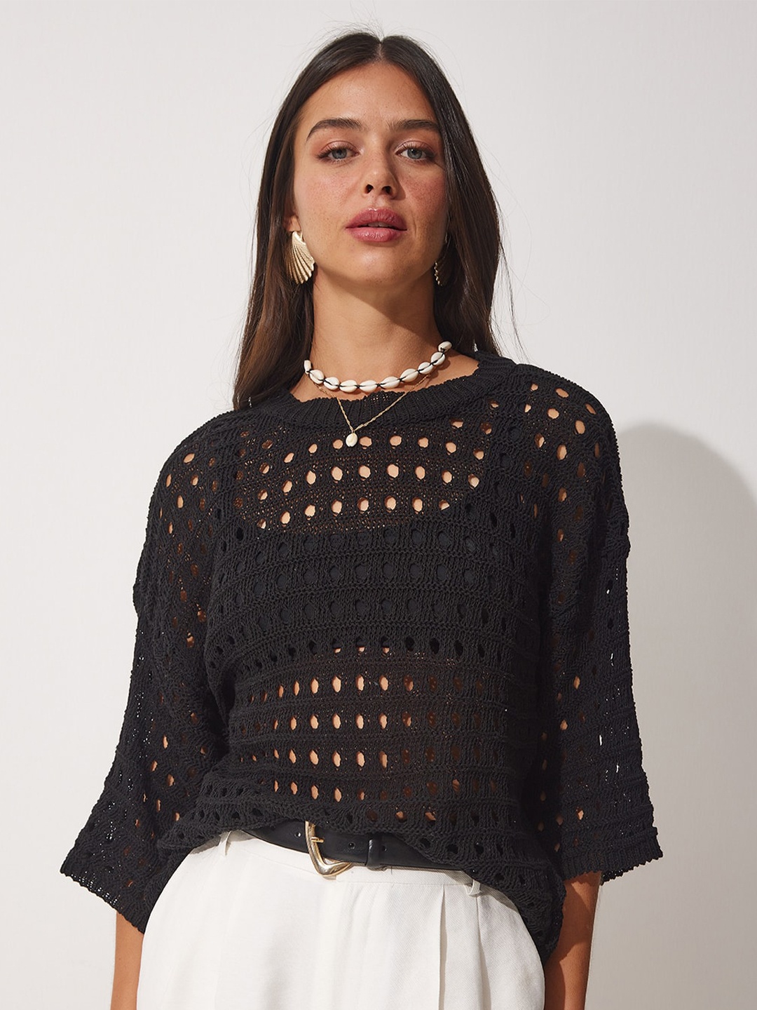 

Happiness istanbul Self Design Drop-Shoulder Sleeves Semi Sheer Pure Cotton Top, Black