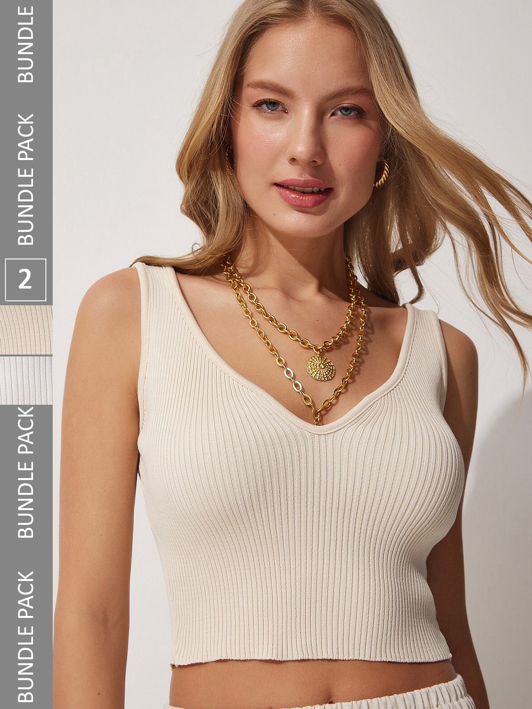 

Happiness istanbul Pack Of 2 Ribbed V-Neck Sleeveless Fitted Crop Top, Cream