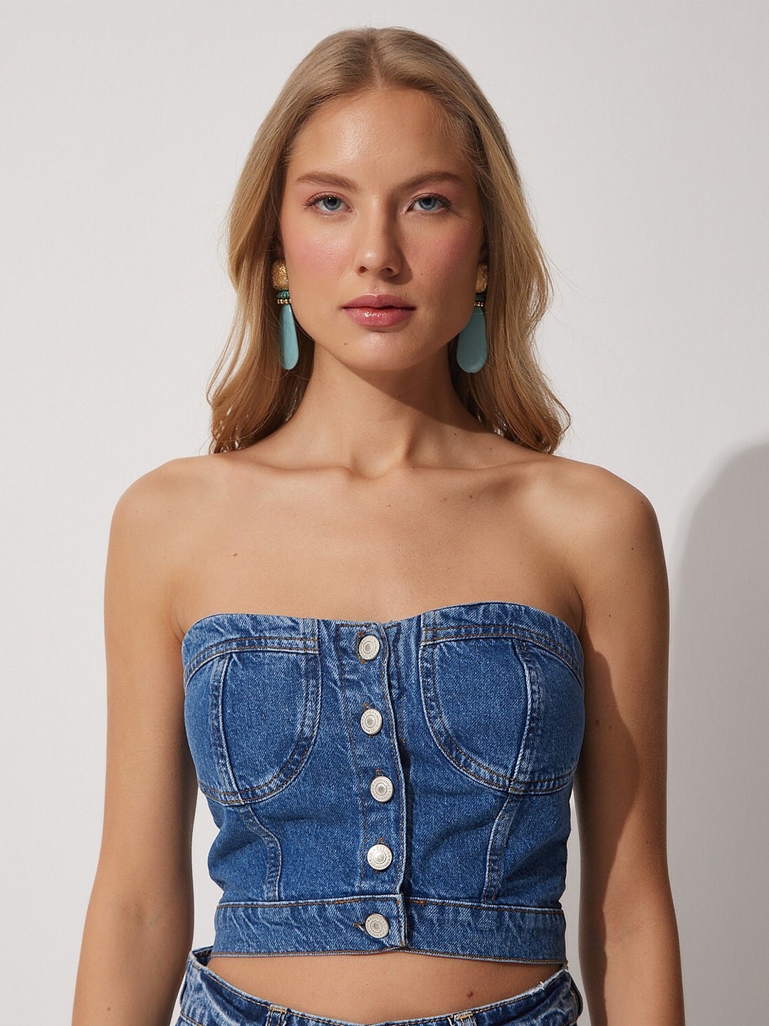 

Happiness istanbul Off-Shoulder Cotton Crop Tube Top, Blue
