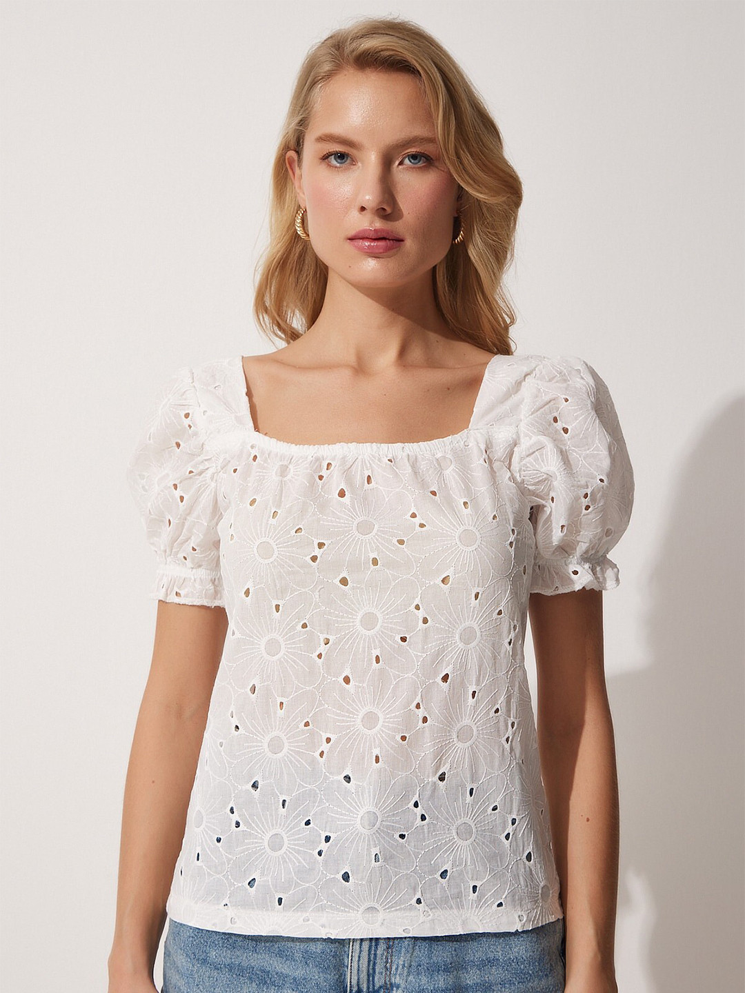 

Happiness istanbul Self Design Puff Sleeve Pure Cotton Schiffli Top, White